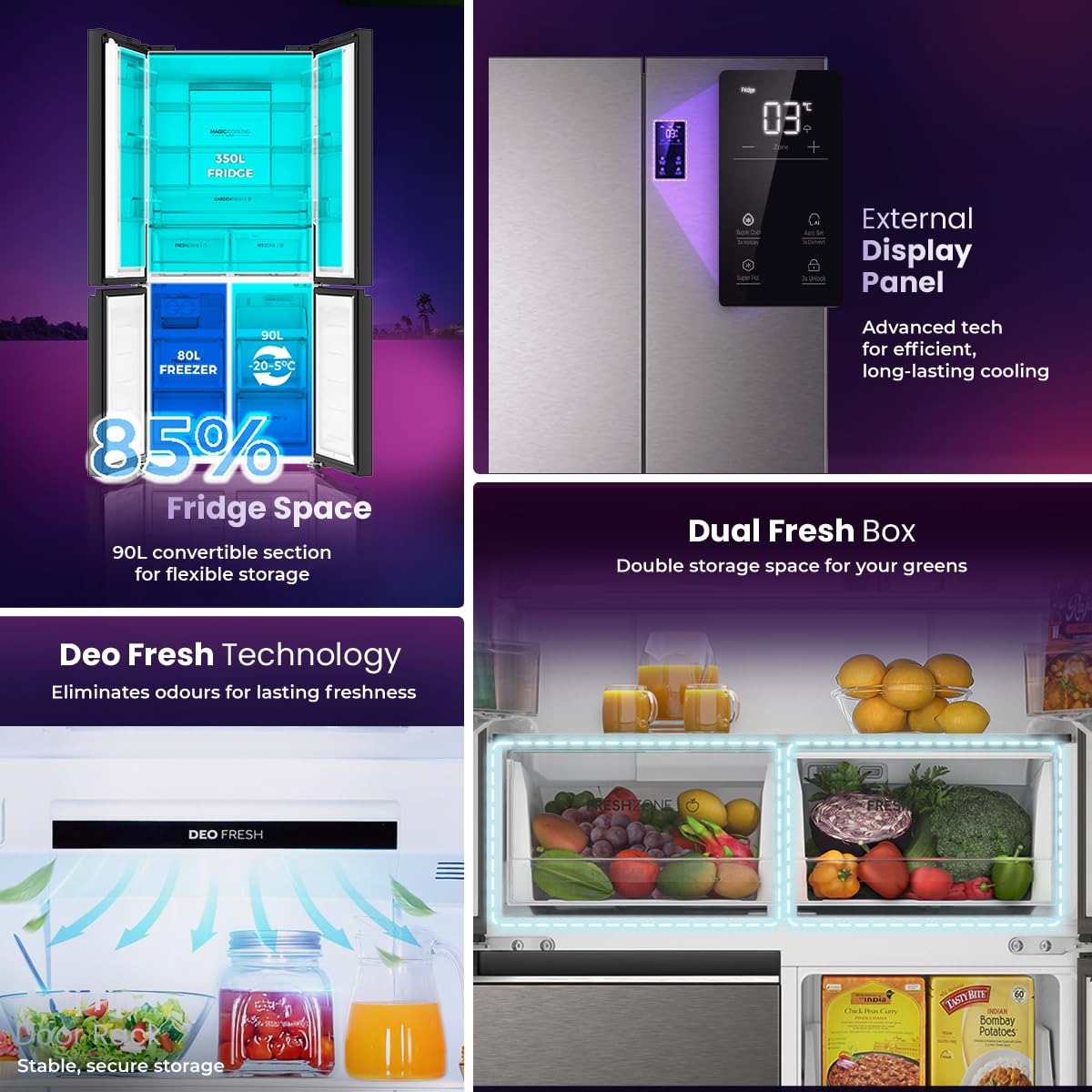 Haier 520L 3 Star Lumiere 4-Door Side by Side Frost Free Refrigerator | Convertible Magic Zone | Inverter | Digital Display Panel | Deo Fresh Technology (2025 Model, HRB-600IS, Inox Steel)
