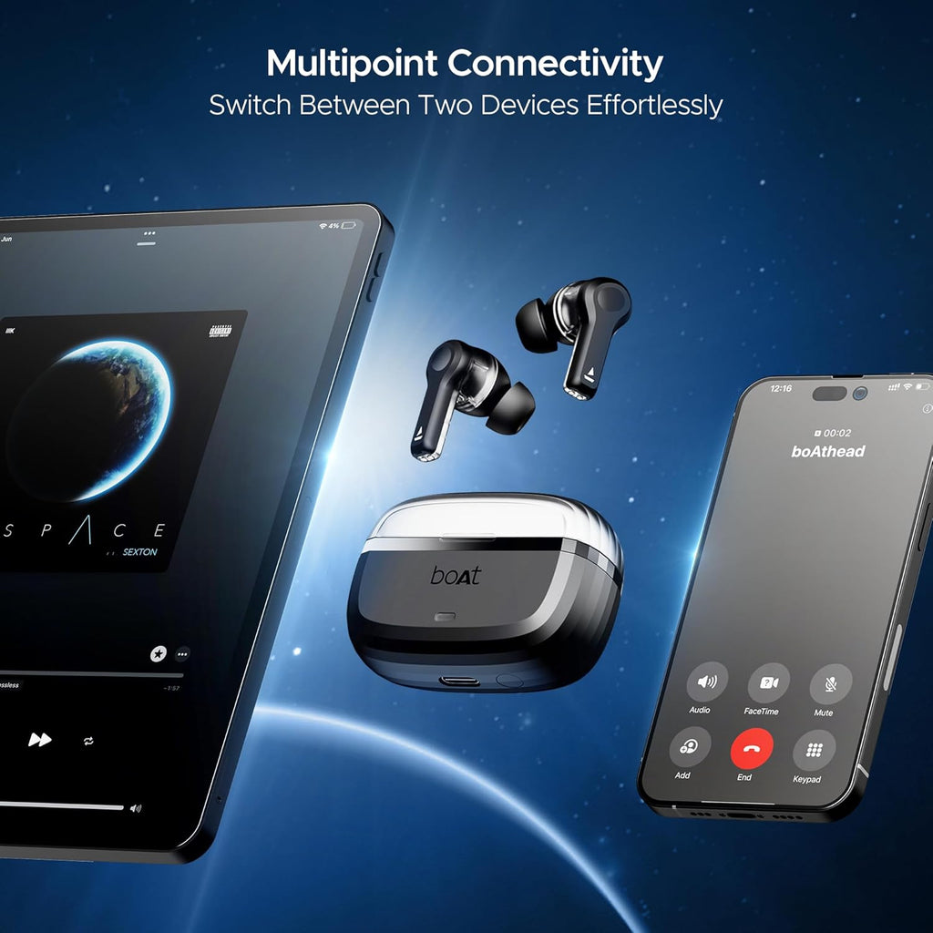 boAt Nirvana Space, 360º Spatial Audio, Active Noise Cancellation (~32dB), 100Hrs Battery,4Mics ENx, Fast Charge, v5.3 Bluetooth Earbuds, TWS Ear Buds Wireless Earphones with mic (Cosmic Black)