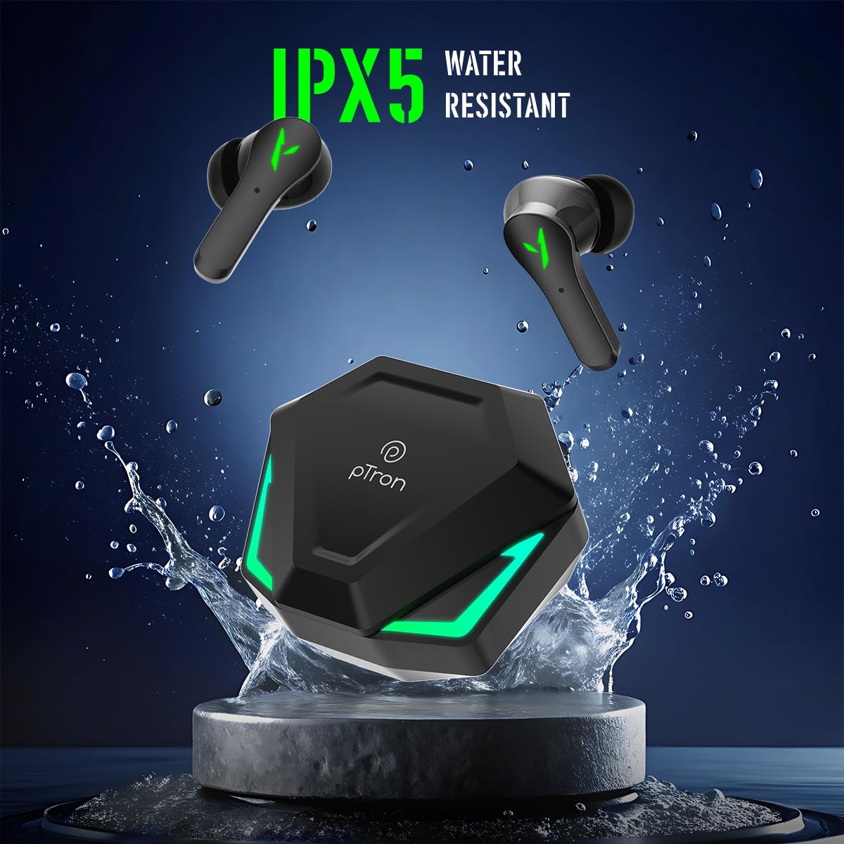pTron Bassbuds Rogue W/ 40Ms Low-Latency Gaming,Clear Calls,50Hrs Playtime,Pristine Sound,V5.3 Bluetooth in Ear Headphones,Snug-Fit,RGB Lights,Touch Control,Voice Assist,IPX5 Water Resistant(Black)