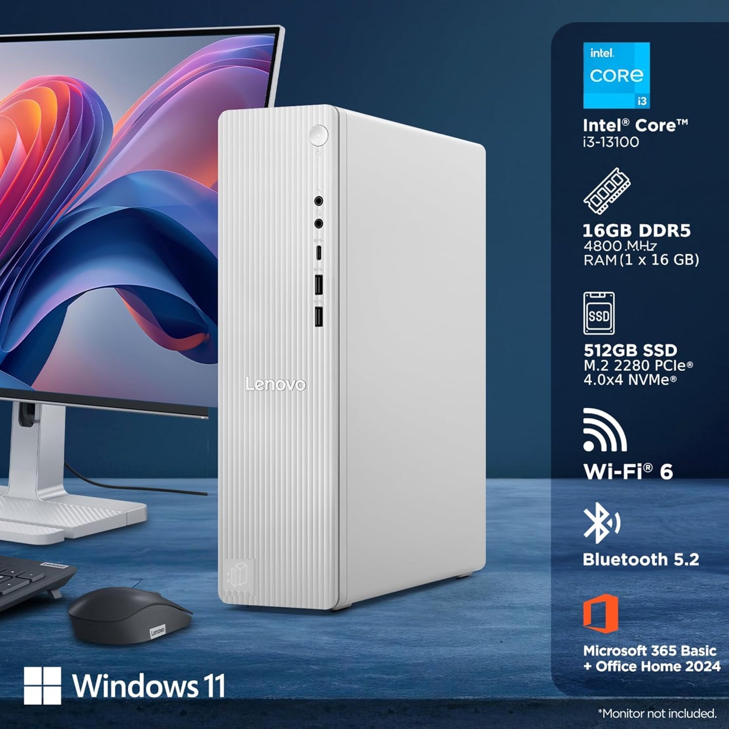 Lenovo IdeaCentre Tower 13th Gen Core i3-13100 (16GB RAM/512GB SSD/Windows 11/ Microsoft 365 Basic + Office Home 2024/Wifi 6/Bluetooth 5.2/USB Calliope Keyboard & Mouse, Black/Grey), 90XS004SIN