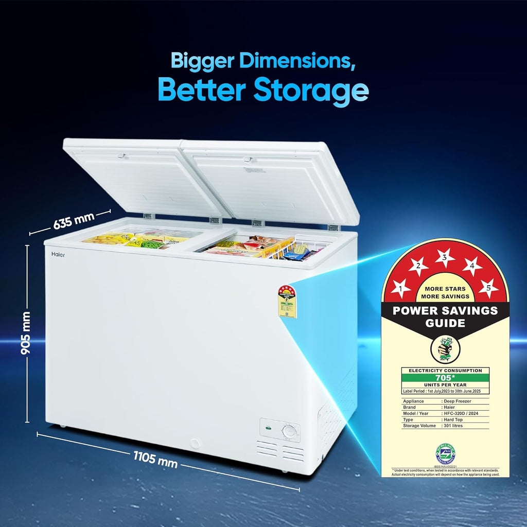 Haier HFC-320DM5, 5 Star Rating Double Door Convertible Deep Freezer, 5 Side Uniform Freezing, Heavy Duty Compressor, inside metal liner with 3 Layer Door Design (White)