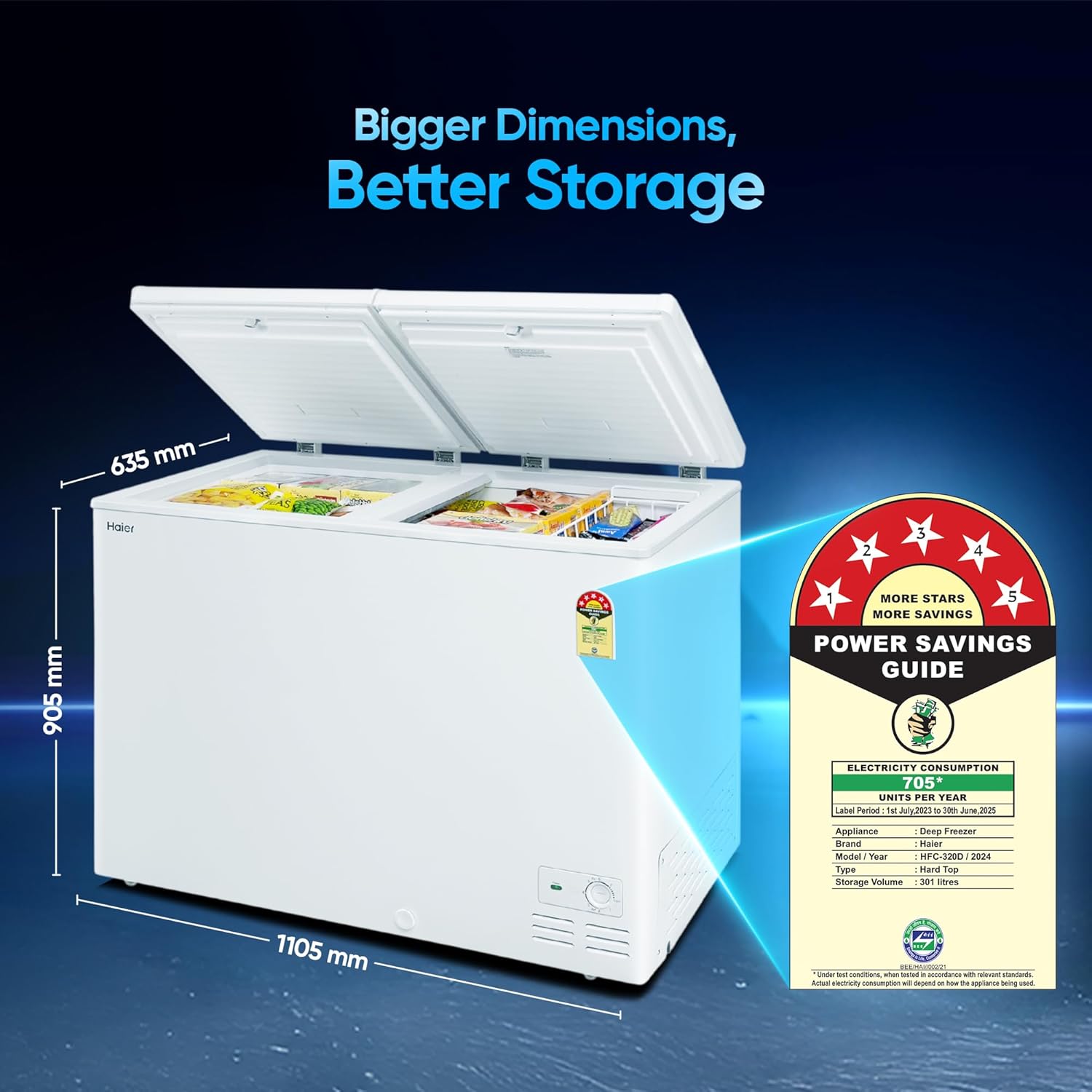 Haier HFC-320DM5, 5 Star Rating Double Door Convertible Deep Freezer, 5 Side Uniform Freezing, Heavy Duty Compressor, inside metal liner with 3 Layer Door Design (White)