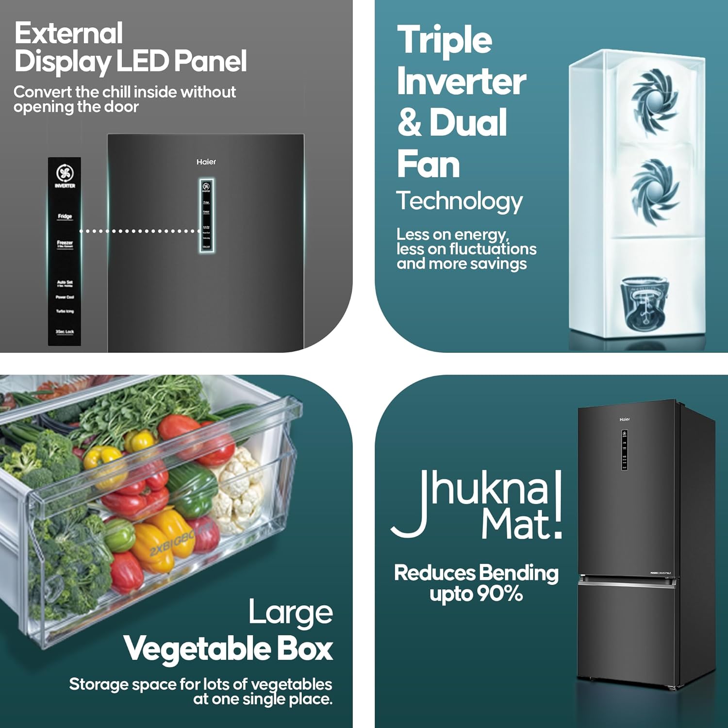 Haier 355 L 3 Star Frost Free Bottom Mount Double Door Refrigerator|Convertible 14-in-1|Jhukna Mat-Bottom Freezer|Digital Display Panel|Triple Inverter|Twist Ice Maker (HEB-363MB-P, Graphite Black)