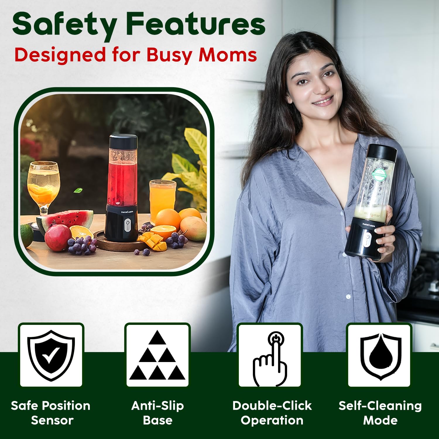 InstaCuppa Stainless Steel Portable Blender for Smoothies & Juices,Mixer Juicer that Crushes Ice,Electric Shaker USB Rechargeable Battery with 4000 mAh 230 Watts Motor,500 ML Juice Maker,Black