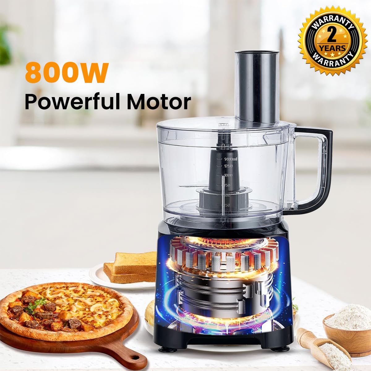 INALSA Food Processor with Atta Kneader 800 Watts|1.4L Processing Bowl 7 Accessories including Dough Maker Electric Chopper,French Fry Cutter,Slicer,Shredder,Meat Mincer Dough Maker Machine,Easy Prep