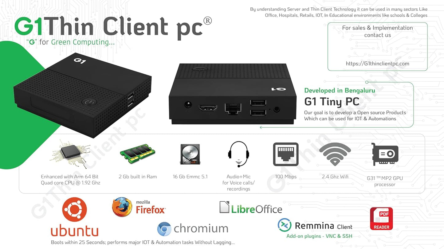 G1 Thin Client PC | Mini PC | Ubuntu 21.04 | Arm Quad core CPU, 2 Gb Ram, 16 GB Storage Ethernet + WiFi | for IOT | Automation | The Better, Cheaper, Alternative to Regular Rasp Berry pi, Orange Pi