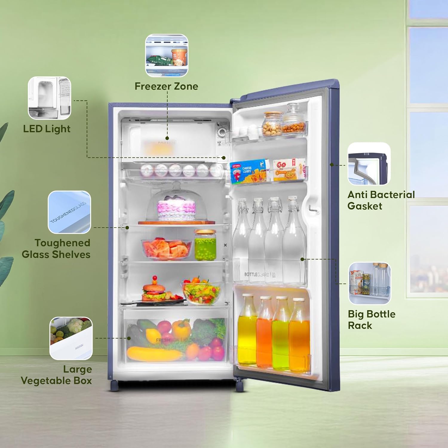 Haier 185 L, 2-Star Direct-Cool Single Door Refrigerator with DEFT Technology & Large Vegetable Box (HED-19TRB-N, Radish Blue)