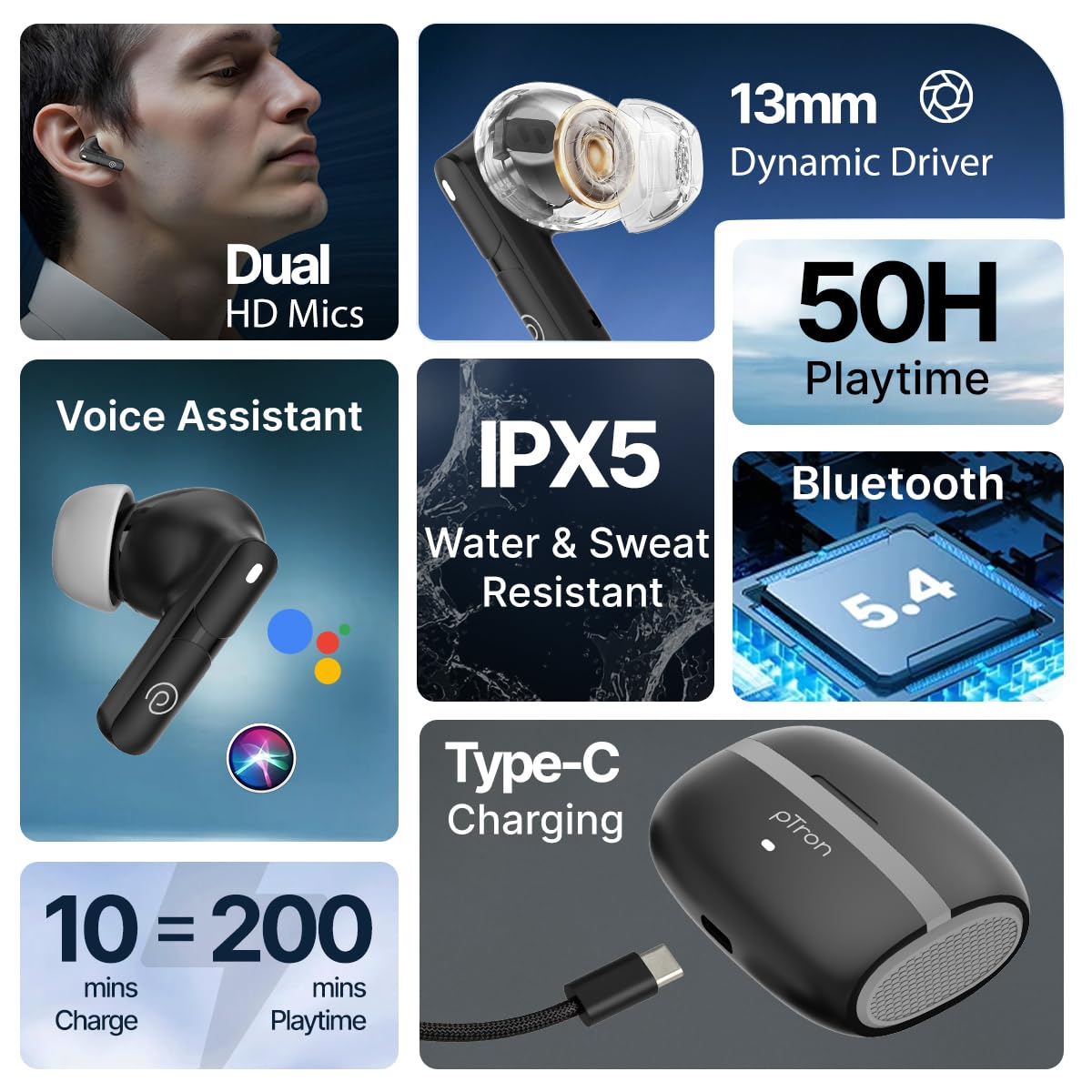 pTron Bassbuds Blaze in-Ear TWS Earbuds w/ 13mm Drivers, 50Hrs Playtime, AI-ENC Clear Calls, Bluetooth V5.4 Wireless Headphones, Touch Control, Voice Assistant, Type C Charging & IPX5 (Black & Grey)