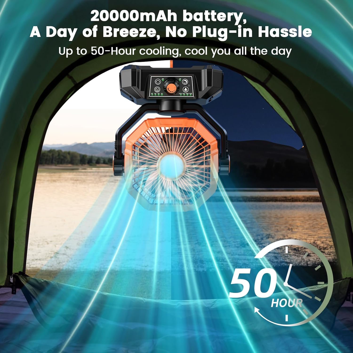 Tuarso 20000mAh Rechargeable Portable Fan for Home with LED Emergency Light, Battery Table Fan Rechargeable Big Size with Remote Control 8 High Speeds Wind, Kitchen Fans for Cooking Orange