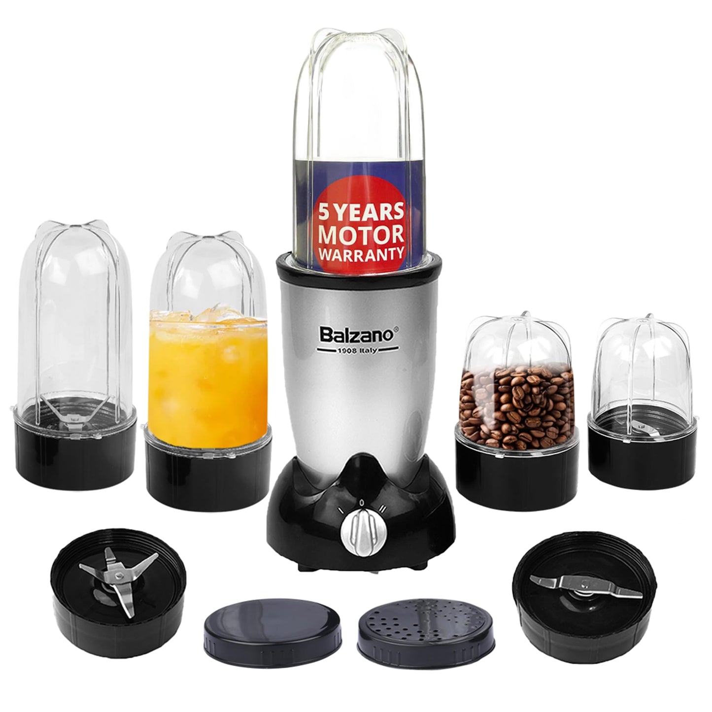 Balzano Bullet Mixer Grinder 500W, 3 Jars, 2 Blades, 2 Lids, Italian Premium Brand, Pulse Function, Blender for Smoothies and Juices/Smoothie Maker, Portable Blender, Grinder for Kitchen, Silver