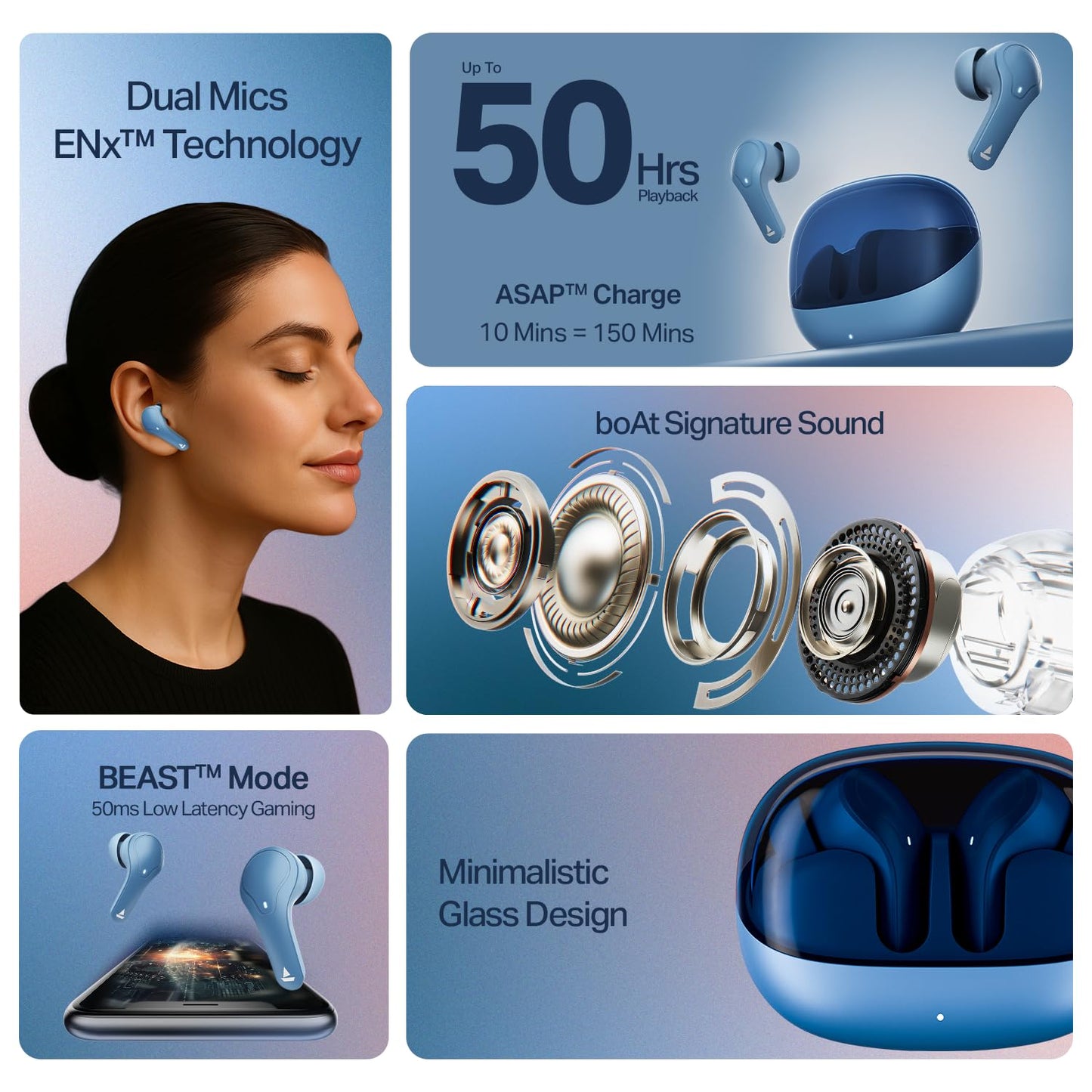 boAt Airdopes Plus 311 (2025 Launch), Glass Design, Dual Mics ENx, Fast Charge, 50 Hrs Battery, Low Latency, IPX4, Bluetooth Earbuds, TWS Ear Buds Wireless Earphones with mic (Midnight Blue)