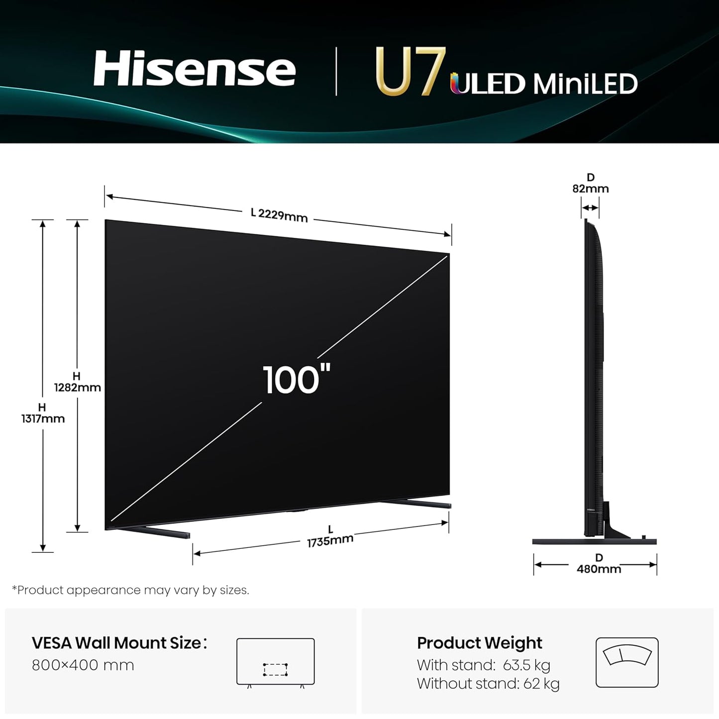 Hisense 253 cm (100 inches) U7Q Series 4K Ultra HD Smart QLED Mini LED TV 100U7Q (Black)