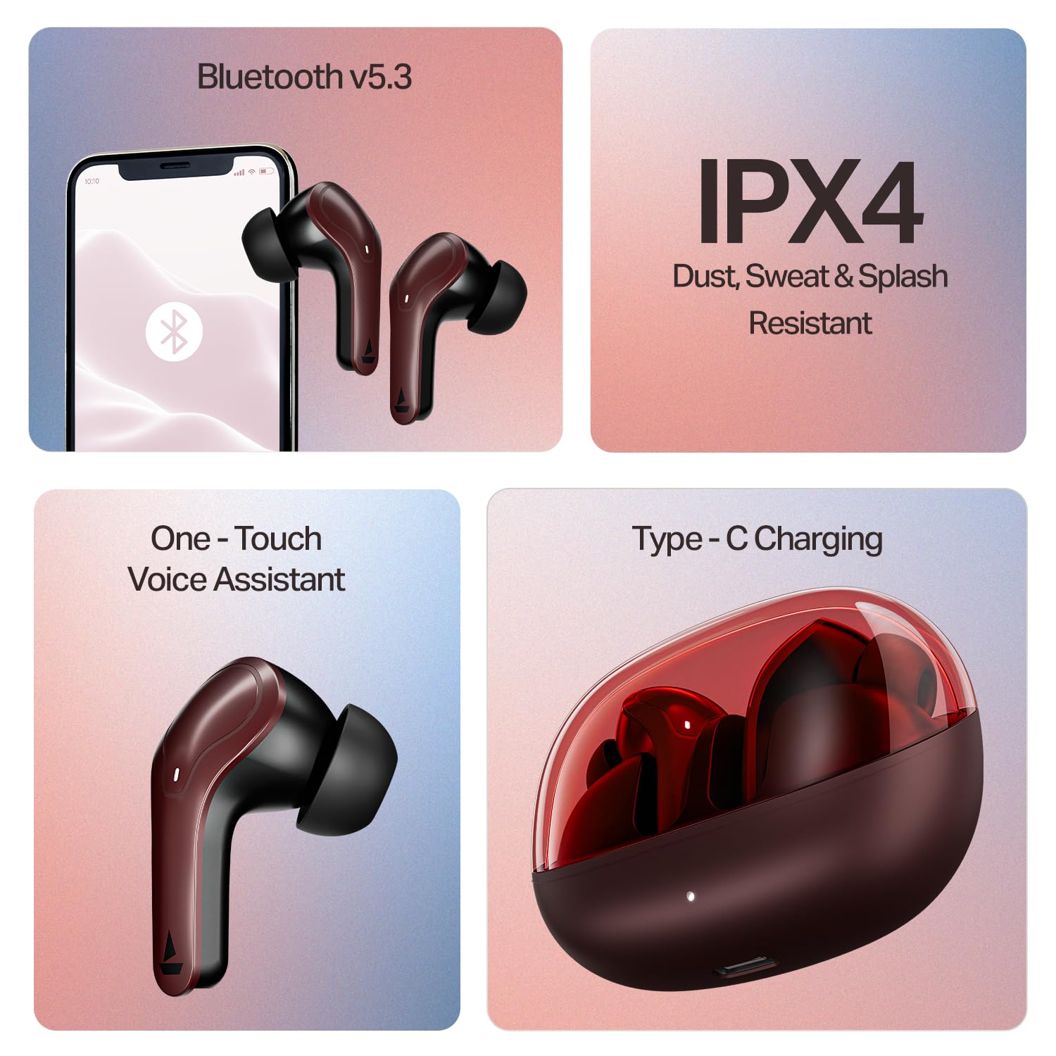 boAt Airdopes Plus 311 (2025 Launch), Glass Design, Dual Mics ENx, Fast Charge, 50 Hrs Battery, Low Latency, IPX4, Bluetooth Earbuds, TWS Ear Buds Wireless Earphones with mic (Crimson Red)