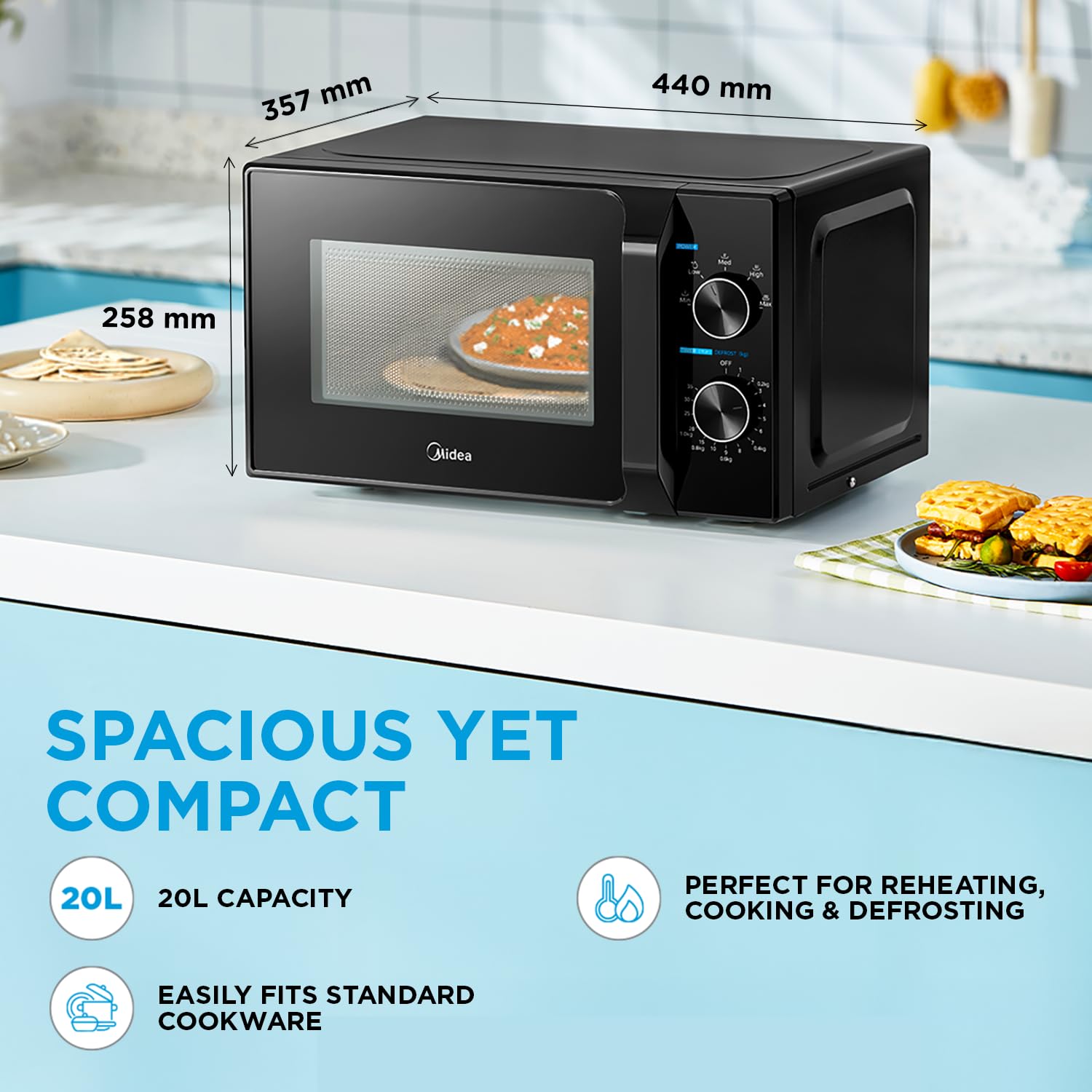 Midea 20L Solo Microwave Oven (MMO20CXAMMPEBK, Black, 5 power levels & Defrost function)