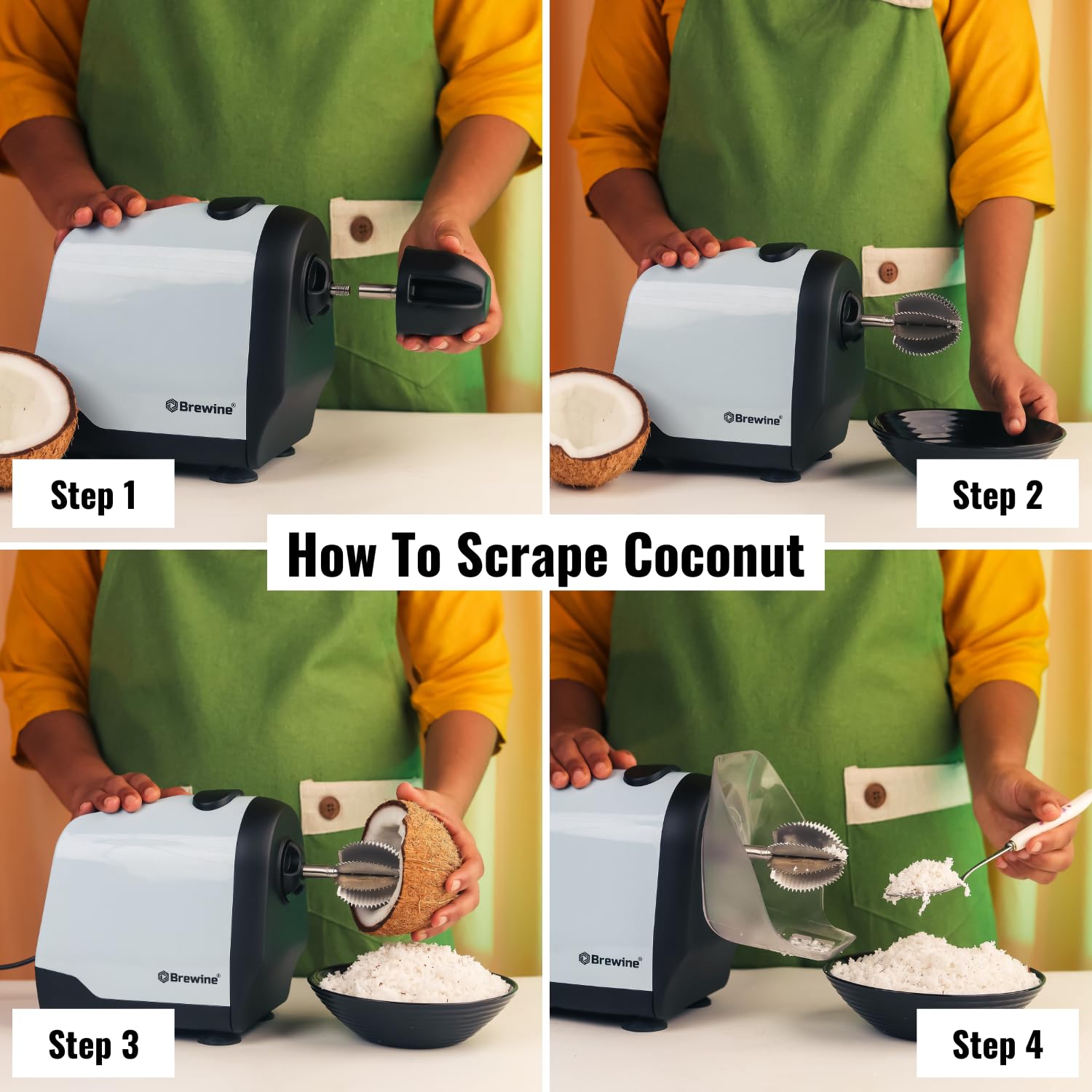 Brewine 2-in-1 Coconut Scraper & Citrus Juicer with Dual Speed Settings, Cooling Fan for Ventilation, Stainless Steel Scraping Blade, Splash Guard, Super Suction Feet for Stability, Blue, 200 Watts
