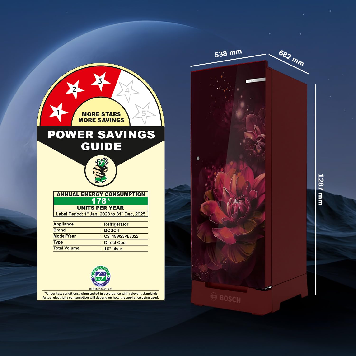 Bosch 187 L, 3 Star, Single Door Refrigerator with Industry's largest base drawer, vegetable box* & Beverage space (CST18W23PI, Wine Flower) 18 Hr Cooling Retention, 2.5x Cooling, Inverter compressor