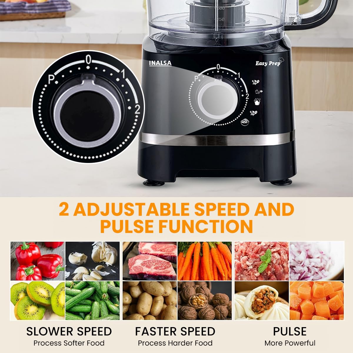 INALSA Food Processor with Atta Kneader 800 Watts|1.4L Processing Bowl 7 Accessories including Dough Maker Electric Chopper,French Fry Cutter,Slicer,Shredder,Meat Mincer Dough Maker Machine,Easy Prep