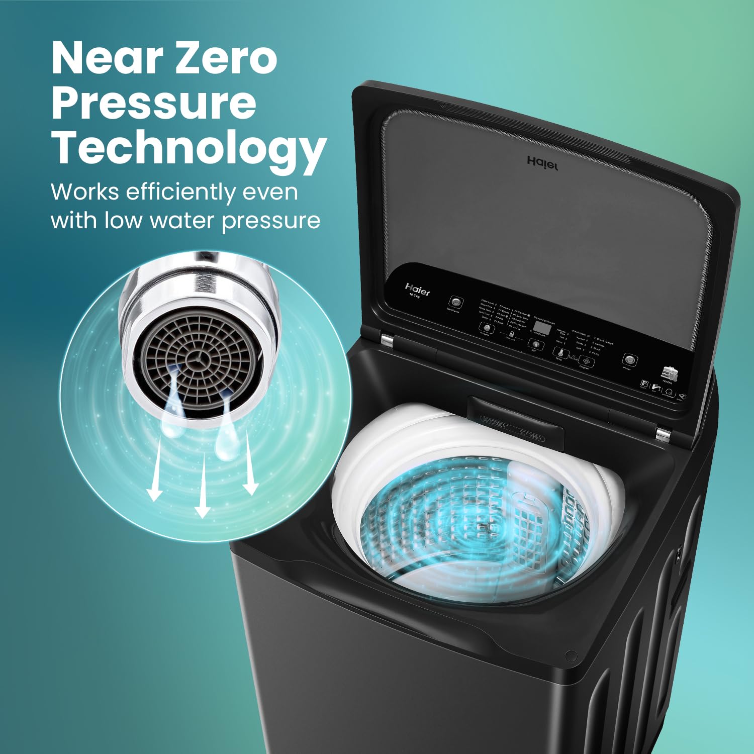 Haier 10.5 kg 5 Star Inbuilt Butterfly heater, Oceanus Wave Drum Washing Machine Fully Automatic Top Load (HWM105-H688BK,Black)