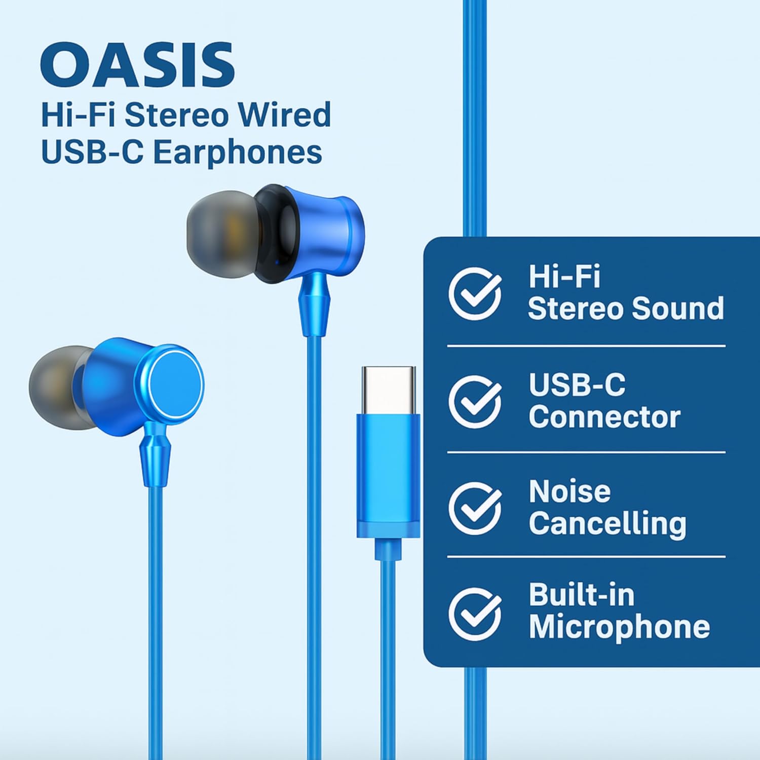 GEARZTOUCH OASI'S inEar TypeC Earphone, in-Line Volume Controller & Powerful HD Mic, Clear Sound, Noise Isolation Compatible with Oneplus, Samsung, Oppo, Vivo, Redmi Having only TypeC Port (Blue)