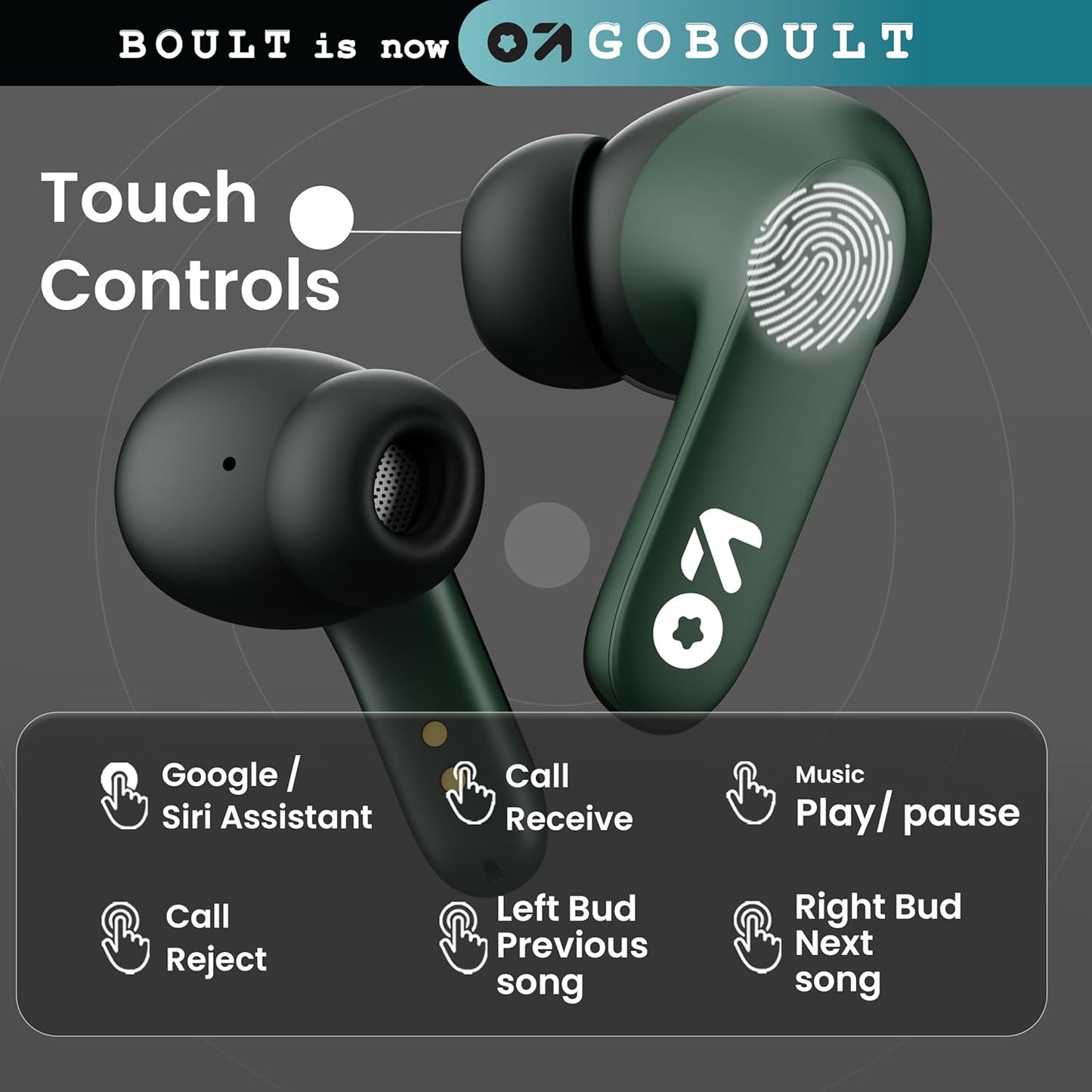 Boult GOBOULT Z20 Truly Wireless Bluetooth Ear Buds with 51H Playtime,Zen Calling ENC Mic,Made in India,Low Latency Gaming,Touch Controls,Rich Bass Drivers,TWS Earbuds Bluetooth Wireless(Pine Green)
