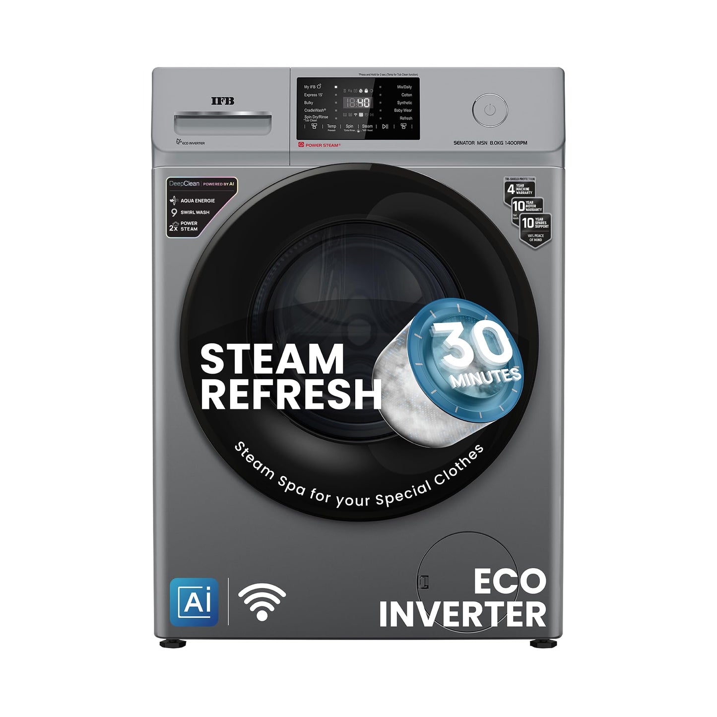 IFB 8 Kg 5 Star Powered by AI with 9 Swirl Wash, WiFi, Fully Automatic Front Load Washing Machine (Senator MBN 8012, Steam Refresh Program with Eco Inverter, Mocha)