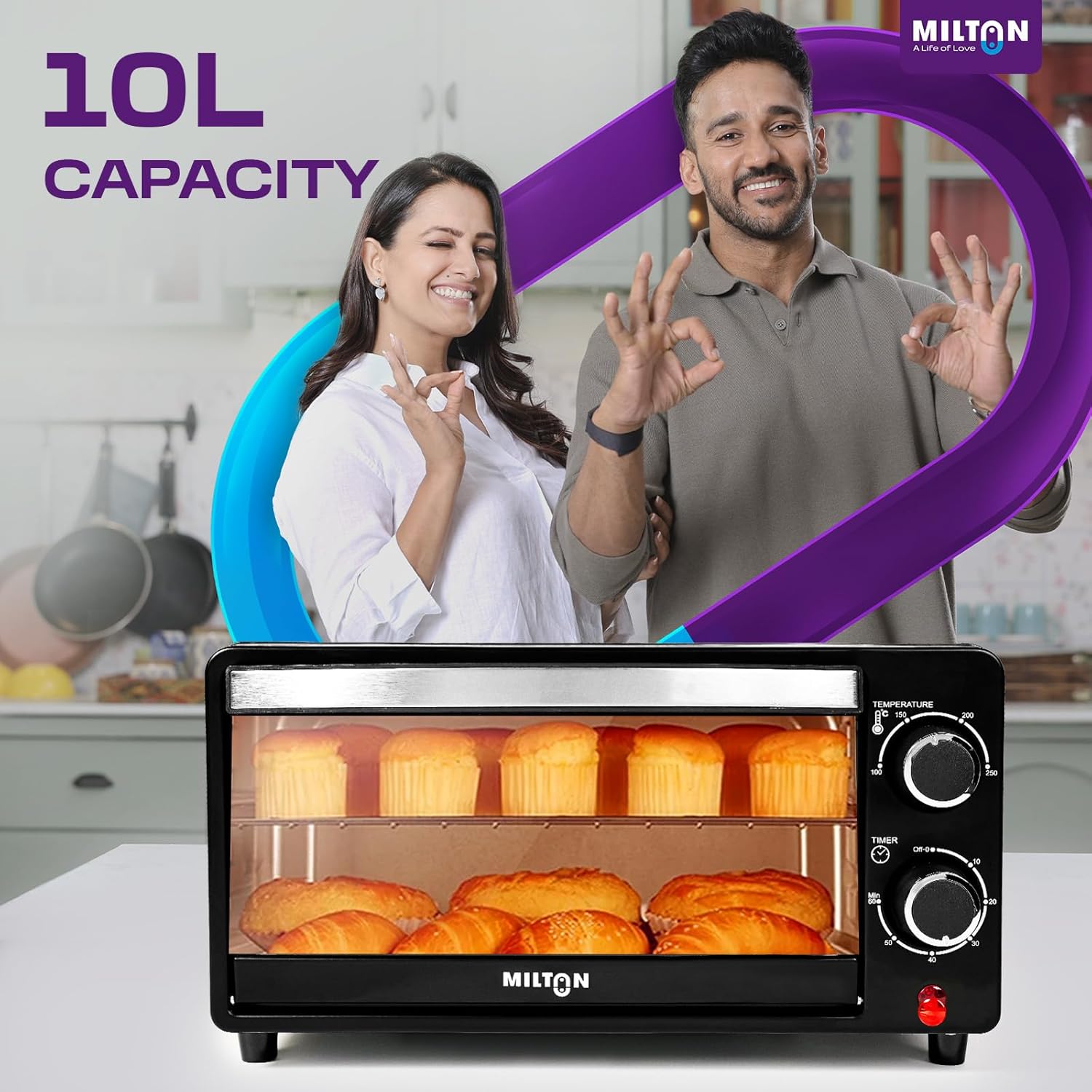 Milton 10L OTG Oven Toaster Griller for Kitchen | 800W | Royal Black Finish | Auto Shut-Off | 250°C Thermostat | Timer, Bell & Tempered Glass | Easy to Clean | Includes Grill Rack & Baking Tray