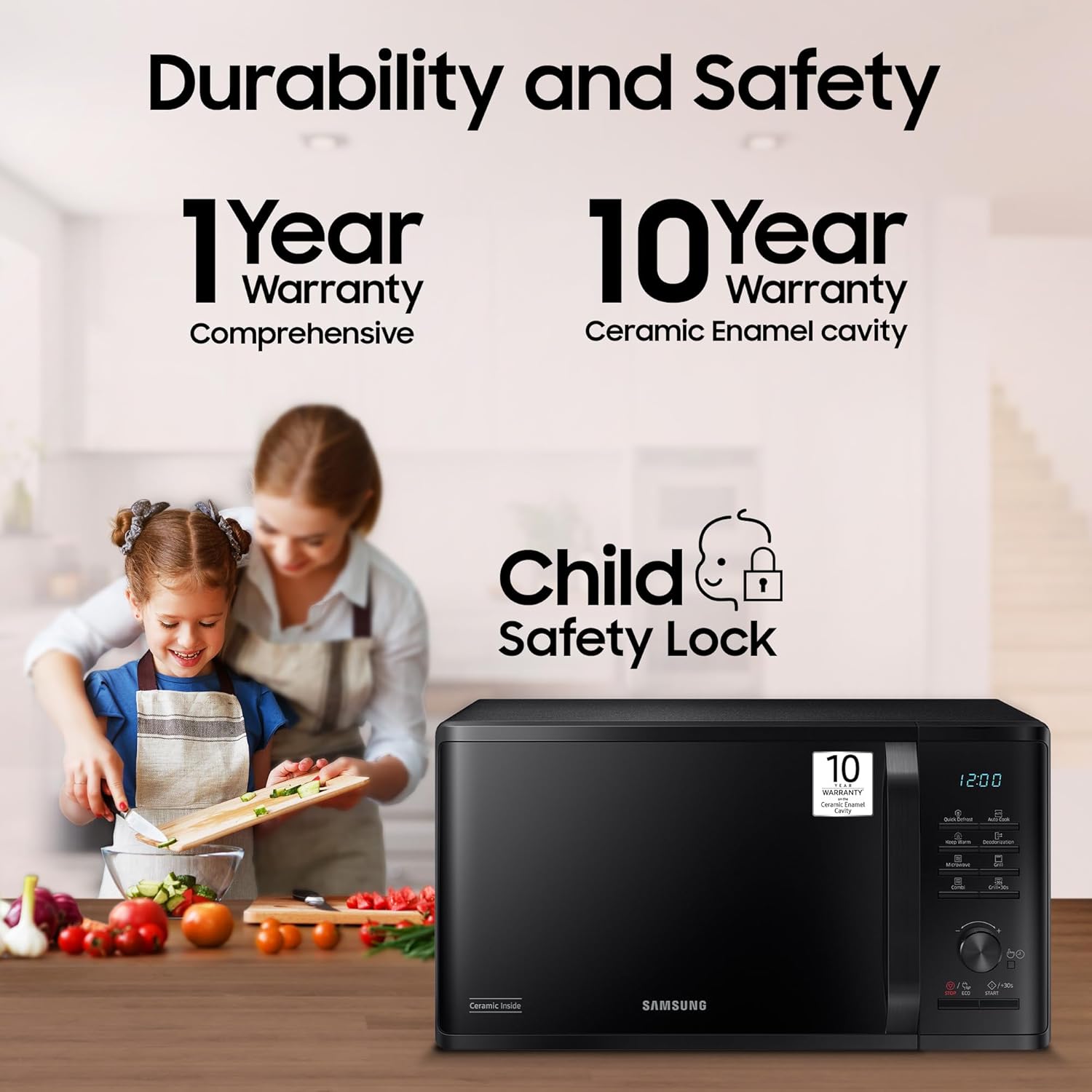 Samsung 23 L Grill Microwave Oven (MG23A3515AK/TL, Black, Various Auto Cook Programs, Keep Warm, Quick Defrost, LED Display, Ceramic Enamel Cavity, Wire Rack with 10 year warranty)
