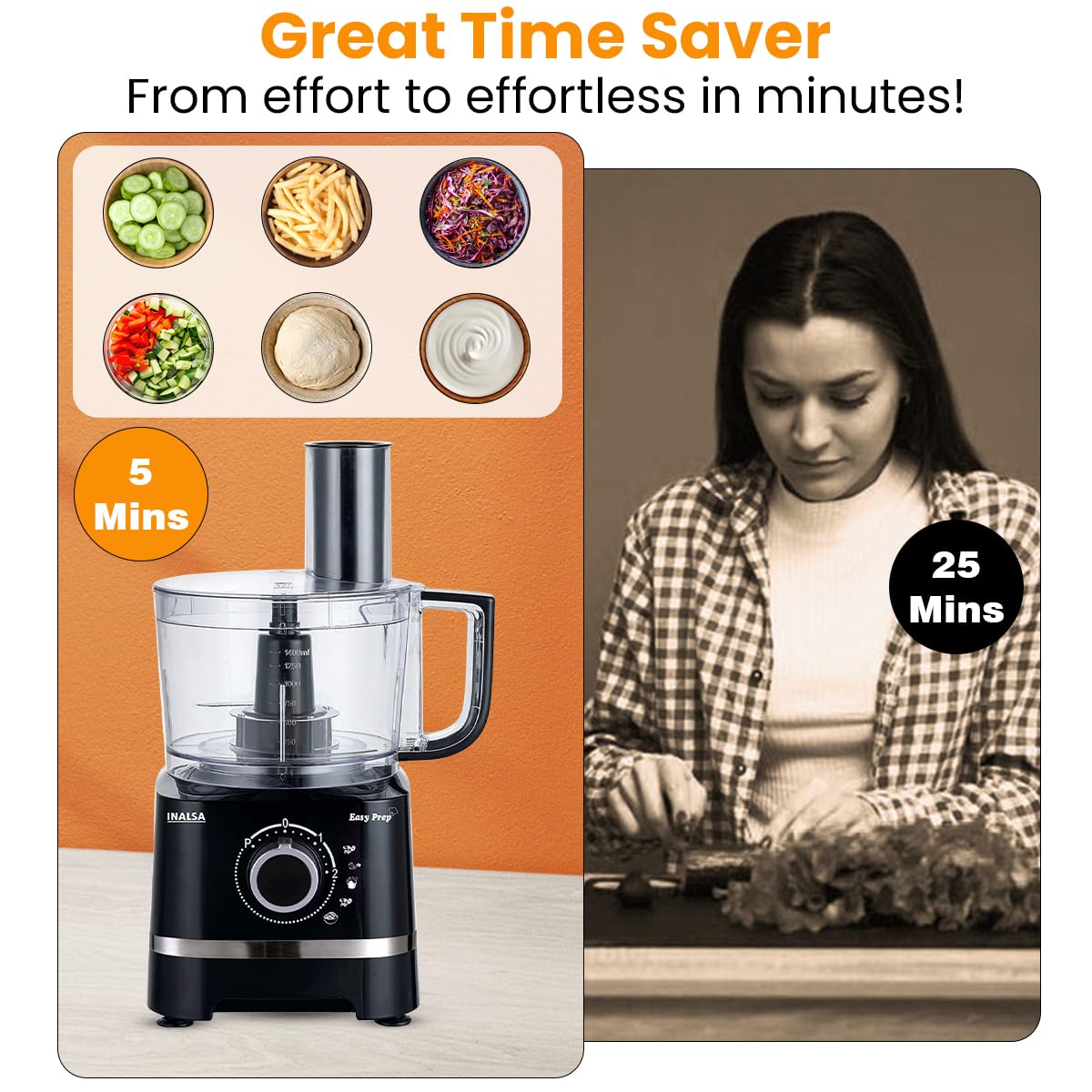 INALSA Food Processor with Atta Kneader 800 Watts|1.4L Processing Bowl 7 Accessories including Dough Maker Electric Chopper,French Fry Cutter,Slicer,Shredder,Meat Mincer Dough Maker Machine,Easy Prep