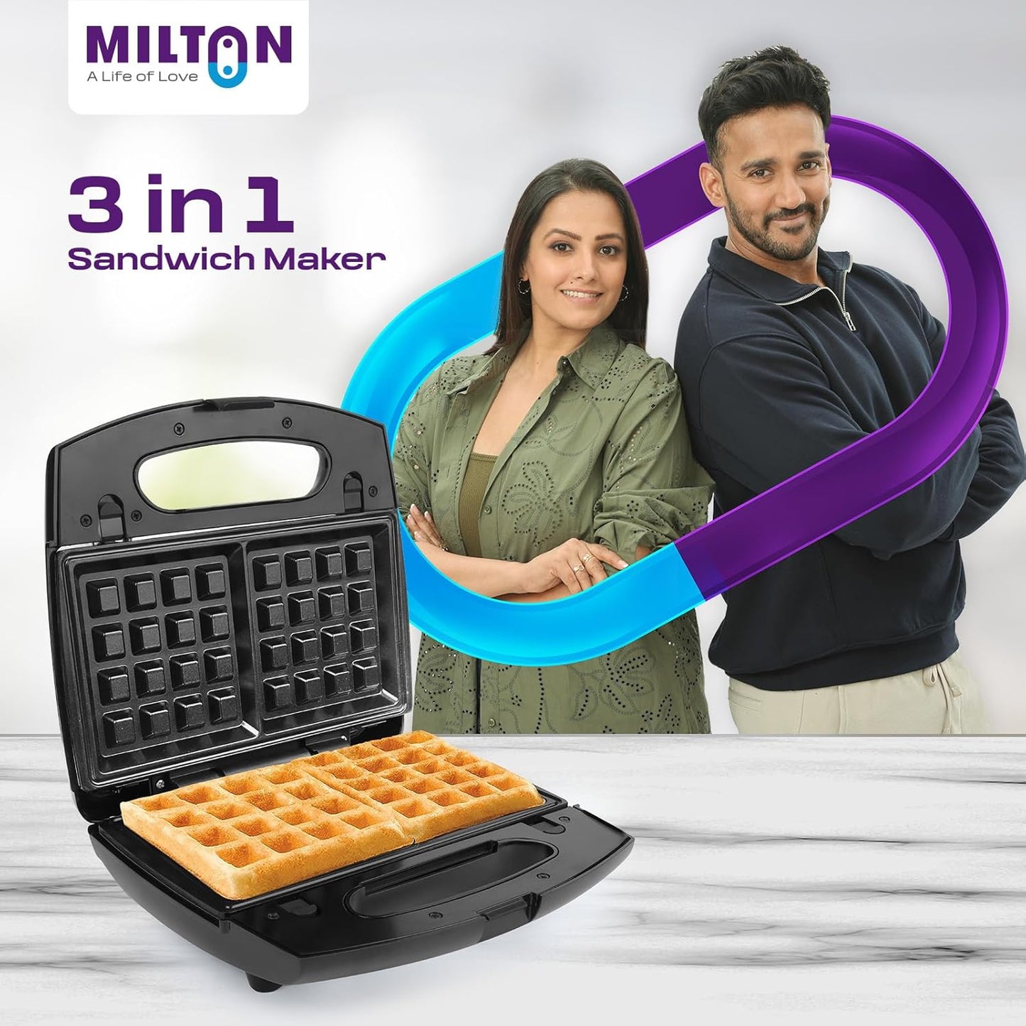 MILTON 850W Royal X 3 in 1 Electric Detachable Sandwich Maker, Bread Toaster, Panini Press Grill, Waffle Set with Removable Non-Stick Plates, Power Indicators | 1 Year Warranty, Black