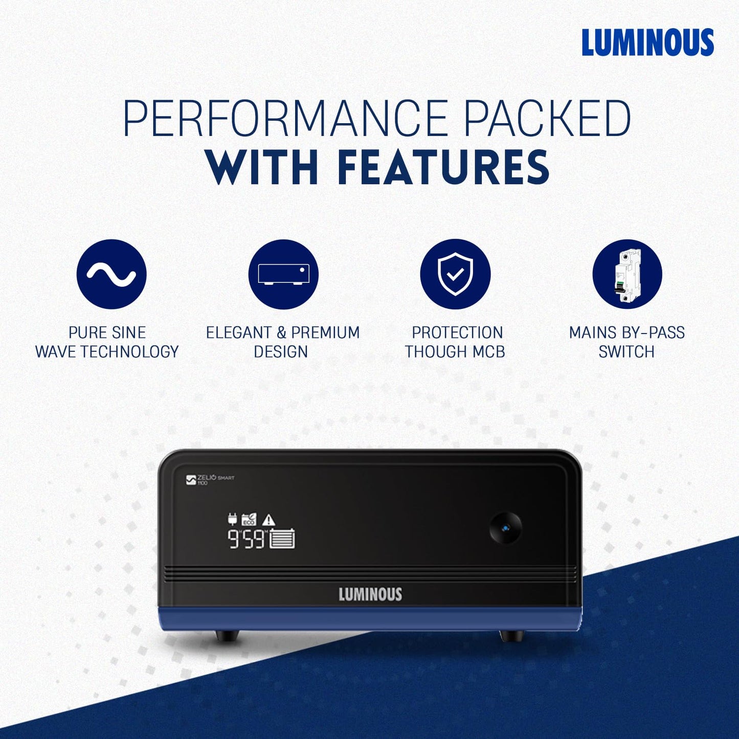 Luminous Zelio+ 1100 Inverter for Home, Office & Shops | 900VA/12V Pure Sinewave | Reliable Power Backup | Reliable Power Backup | LCD Display | Easy Installation | with 36 Months Warranty