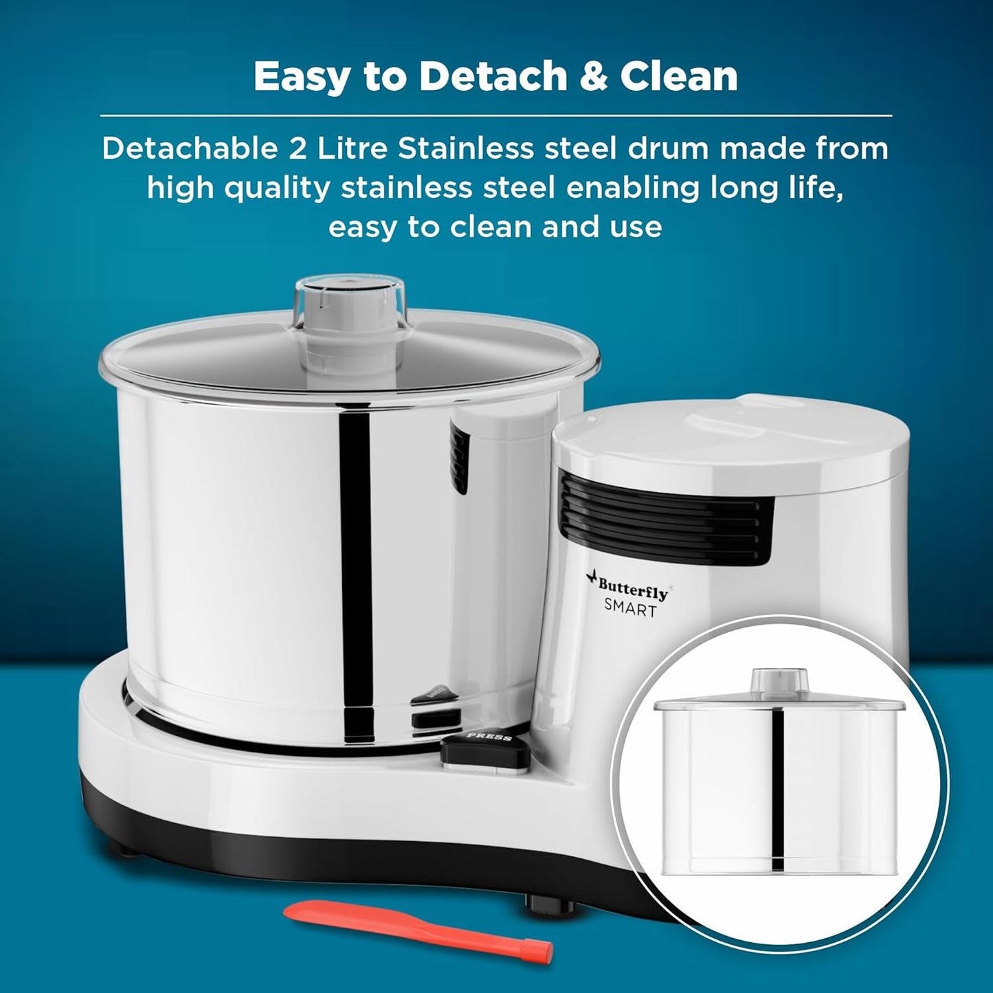 Butterfly Smart 2 Litres Table-Top Wet Grinder|150 Watts|Shockproof ABS Body| Coconut Scrapper Attachment|2 stones with 4-Way Grinding| Stainless Steel Drum | 2 Years Manufacturer's Warranty | White