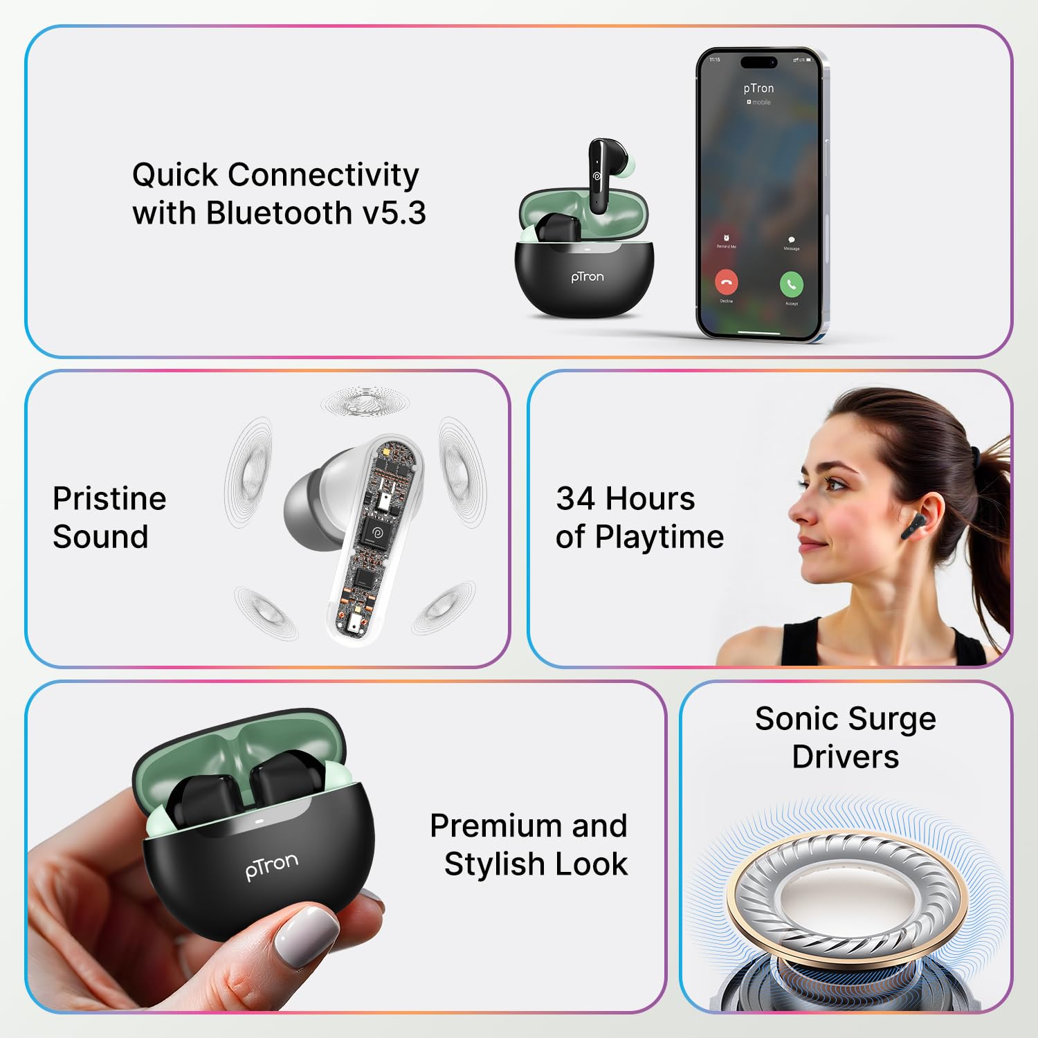 pTron Bassbuds Astra In-Ear TWS Earbuds with Stereo Sound, 34Hrs Playtime, Stereo Calls, Bluetooth V5.3 Headphone with Quick Pairing, Touch Control, Voice Assist, Type C Charging & IPX4(Black & Green)