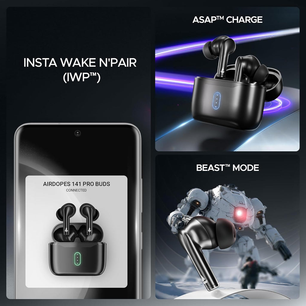 boAt Airdopes 141 Pro Buds, 13mm Drivers, Metallic Finish, 60HRS Battery, 4Mics ENx, Fast Charge, IPX5, v5.3 Bluetooth TWS in Ear Earbuds Wireless Earphones with mic (Obsidian Black)