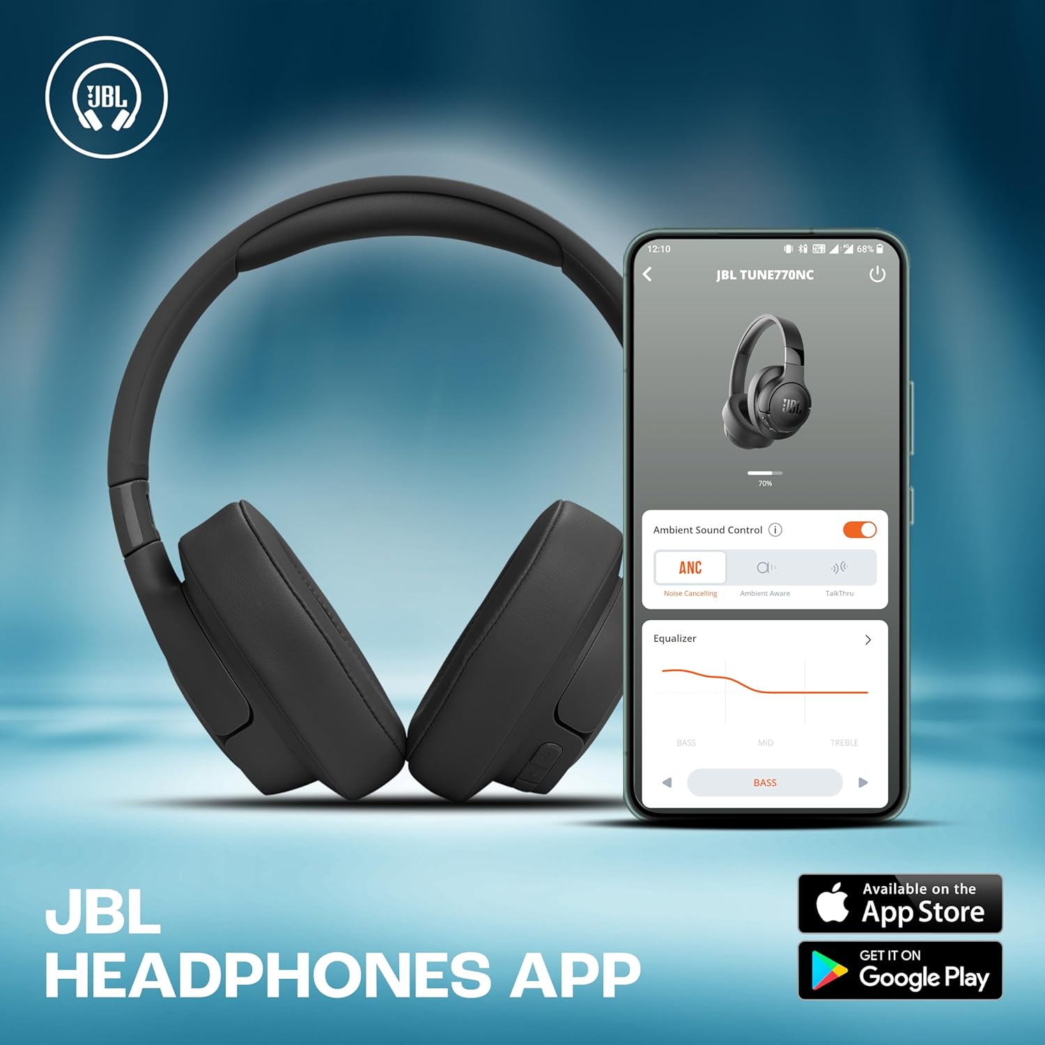 JBL Tune 770NC Wireless Over Ear ANC Headphones with Mic, Upto 70 Hrs Battery, Speed Charge : 5 min Charge Gives up to 3H of Playback, Google Fast Pair, Dual Pairing, BT 5.3 (Black)