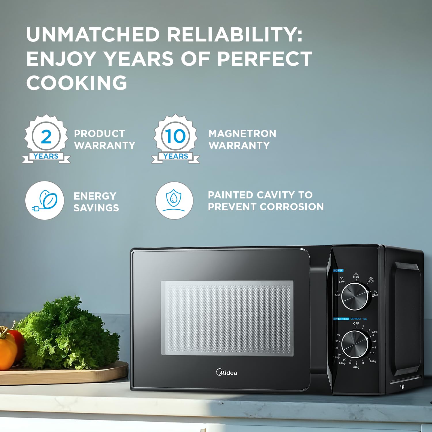 Midea 20L Solo Microwave Oven (MMO20CXAMMPEBK, Black, 5 power levels & Defrost function)