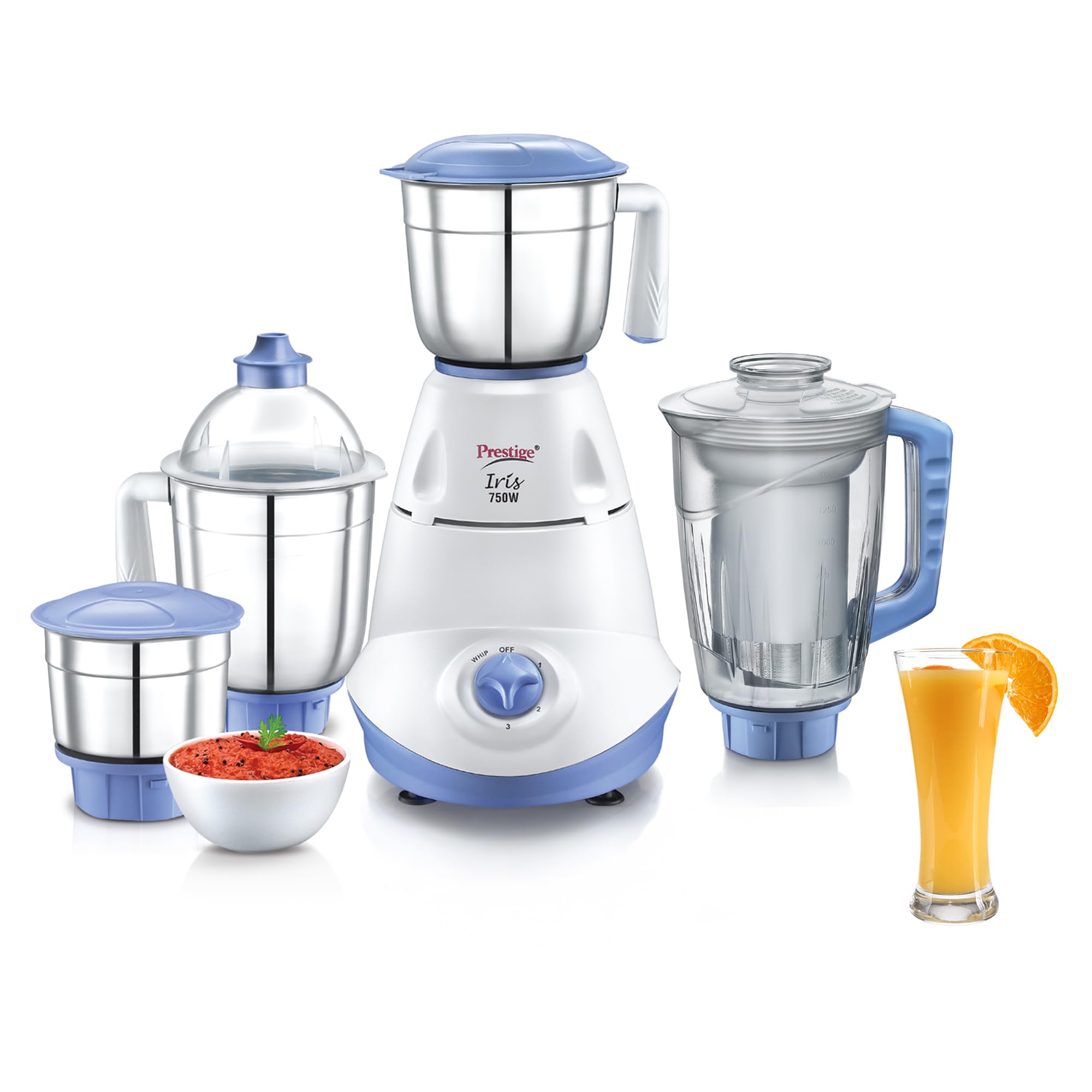 Prestige Iris 750 Watt 4 Jar Mixer Grinder | 3 Stainless Steel Multipurpose Jars and 1 Juicer Jar | Black | 750W
