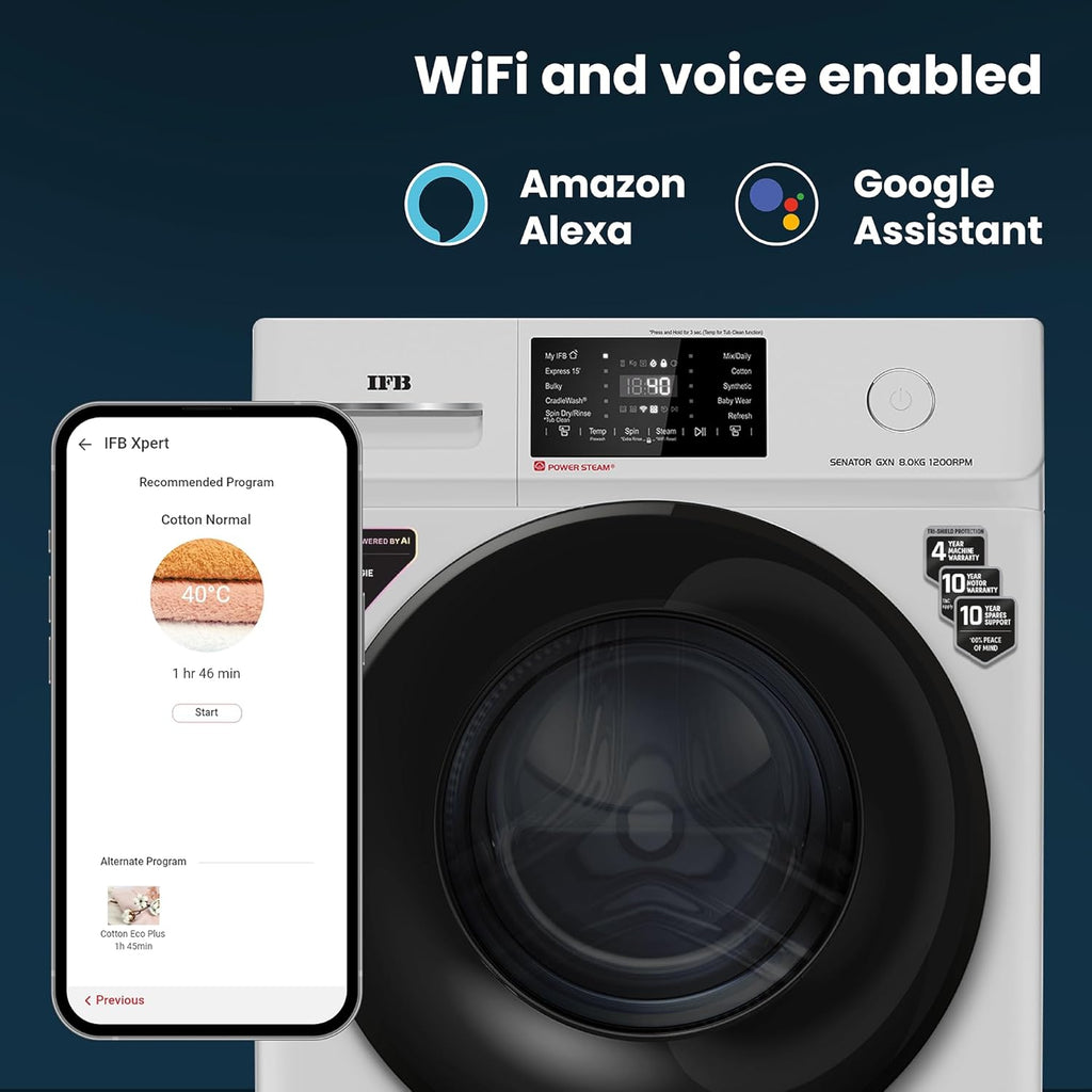 IFB 8 Kg 5 Star Powered by AI with 9 Swirl Wash, WiFi, Fully Automatic Front Load Washing Machine (Senator GXN 8012, Steam Refresh Program with Eco Inverter, Grey)