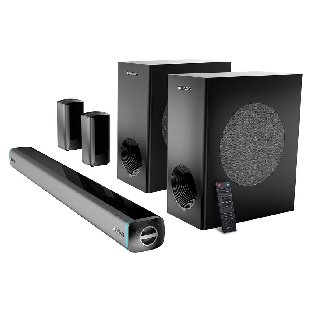 ZEBRONICS Juke bar 9550 pro 5.2 Soundbar (625 Watts), Dolby Audio, Dual Wireless Subwoofer & Wired Satellite, BT v5.3, HDMI ARC, Optical, Powerful Bass, RGB LED Lights, Wall Mountable, Silver