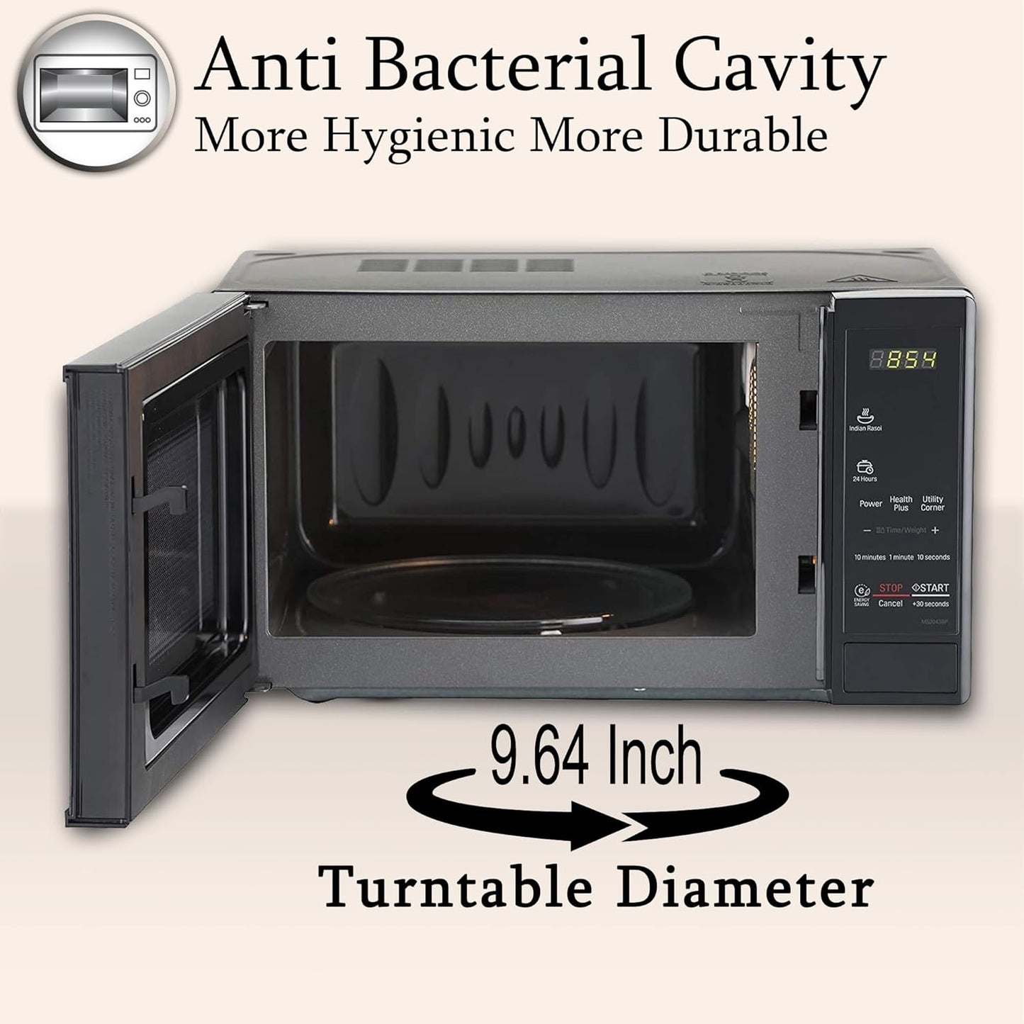 LG 20 L Solo Microwave Oven (MS2043BP, Black, Health plus Menu, I-Wave Technology, Indian Cuisine, Even Reheat & Defrost, Auto Cook Menu, Anti-Bacterial Cavity & Steam Clean)