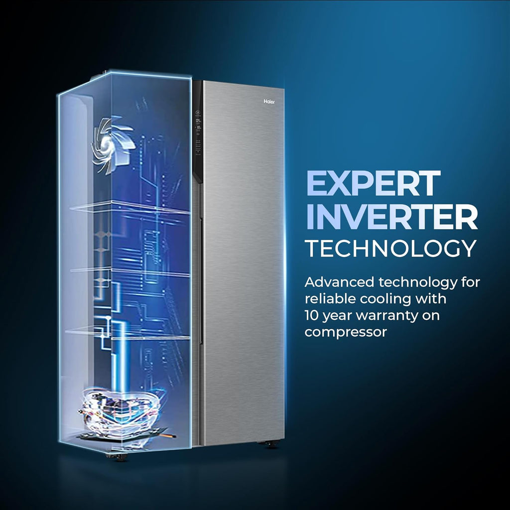 Haier 596L 3Star 2 Door Side by Side Frost Free Refrigerator|100% Convertible|Expert Inverter|Digital Display Panel|Twist Ice Tray|Deo Fresh Technology (HES-690SS, Shiny Silver)