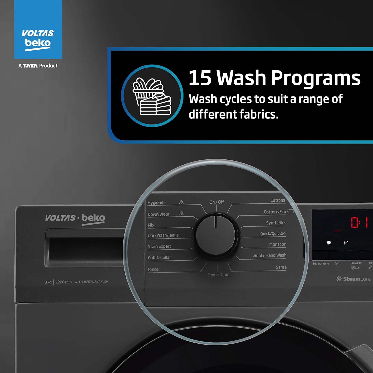 Voltas Beko, A Tata Product 8 Kg 5 Star Inverter Quick wash Fully-Automatic Front Loading Washing Machine (WFL8012B7JVBKA/AXV, Anthracite, In buit Heater/Hygiene steam)