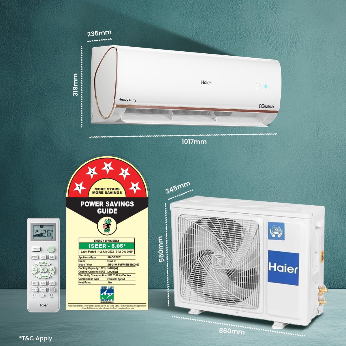 Haier 1.6 Ton 5 Star HEXA Inverter Smart Split AC (5460W, Copper, Heavy Duty, Wi-Fi, 4 Way Swing, Frost Self Clean, HD Filter, Cools at 60°C, 20 Mtrs Air Throw- HSU19K-PYFR5BN-INV- White)