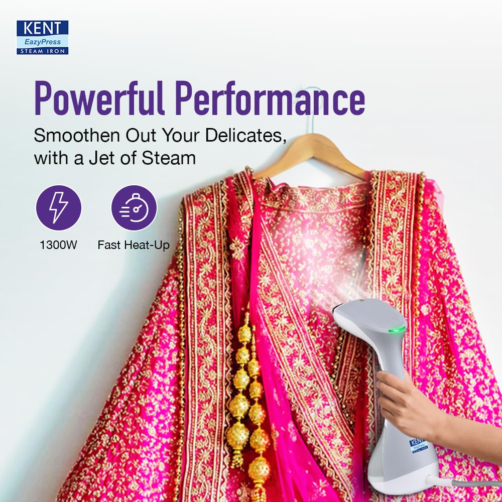 KENT Swift Handheld Garment Steamer 1300 Watts | Ideal for Fabrics like Sarees, Suits, Jackets etc |Ceramic Coated Steam Plate |Continuous Steam Up To 30 Minutes |20 G/Min Steam |260ml Detachable Tank