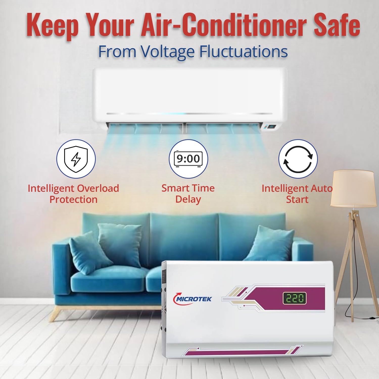 Microtek Pearl EM 4160+ Digital Display Wall Mounted Automatic Voltage Stabilizer Upto 1.5 Ton AC Air Conditioner Working Power 160V - 285±5V with 3 Year Warranty