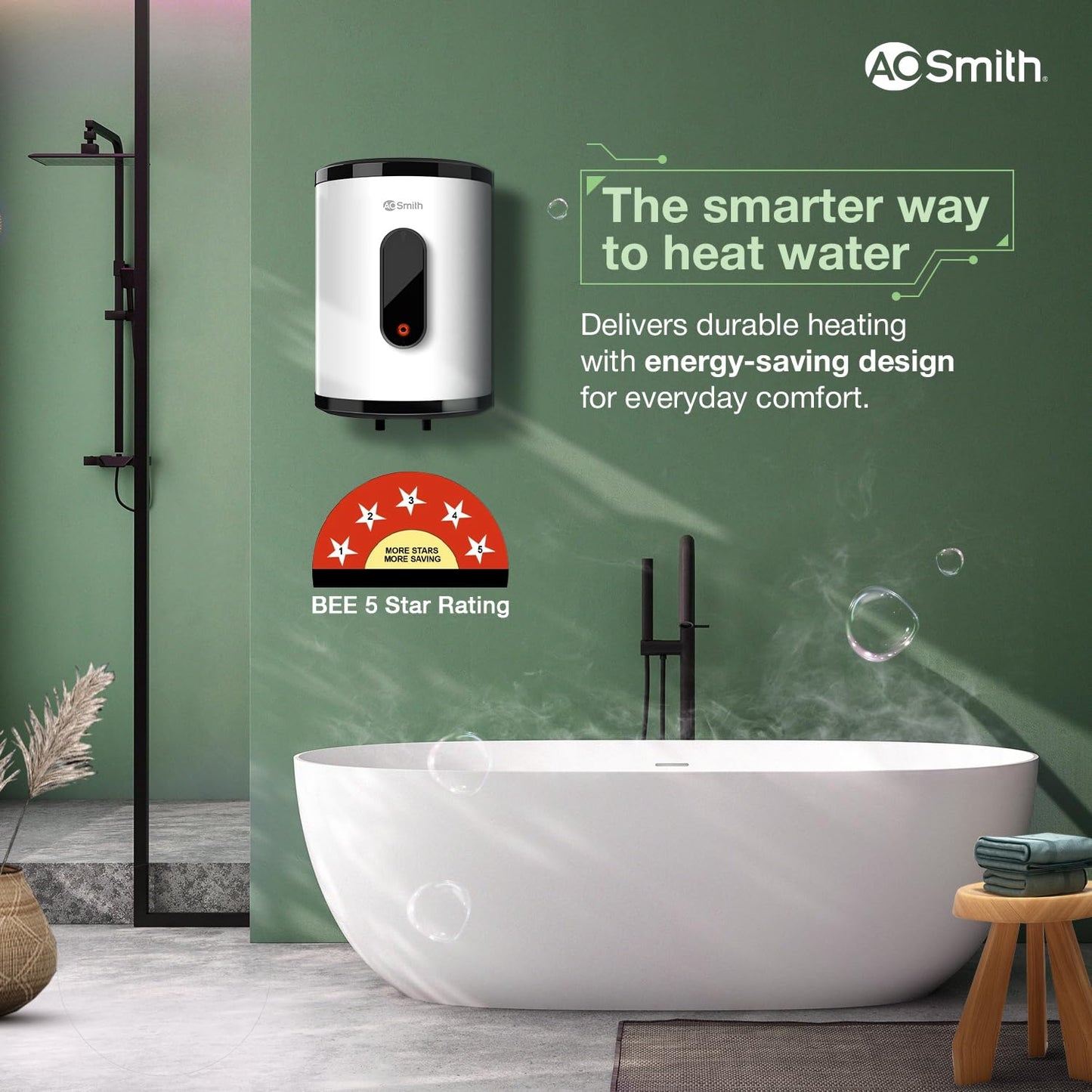 AO Smith Geyser 15 Litre 5 Star BEE Rating | 2KW | Storage Water Heater With 2X Corrosion Resistant Blue Diamond Glass Tank | Warranty: 7 Yr Tank, 3 Yr heating element & 2 Yr Overall | VAS PLUS 15L