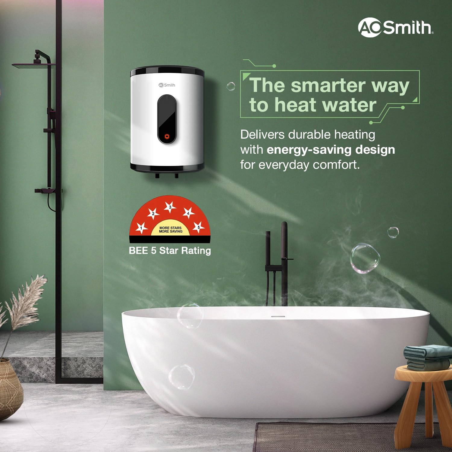 AO Smith Geyser 15 Litre 5 Star BEE Rating | 2KW | Storage Water Heater With 2X Corrosion Resistant Blue Diamond Glass Tank | Warranty: 7 Yr Tank, 3 Yr heating element & 2 Yr Overall | VAS PLUS 15L