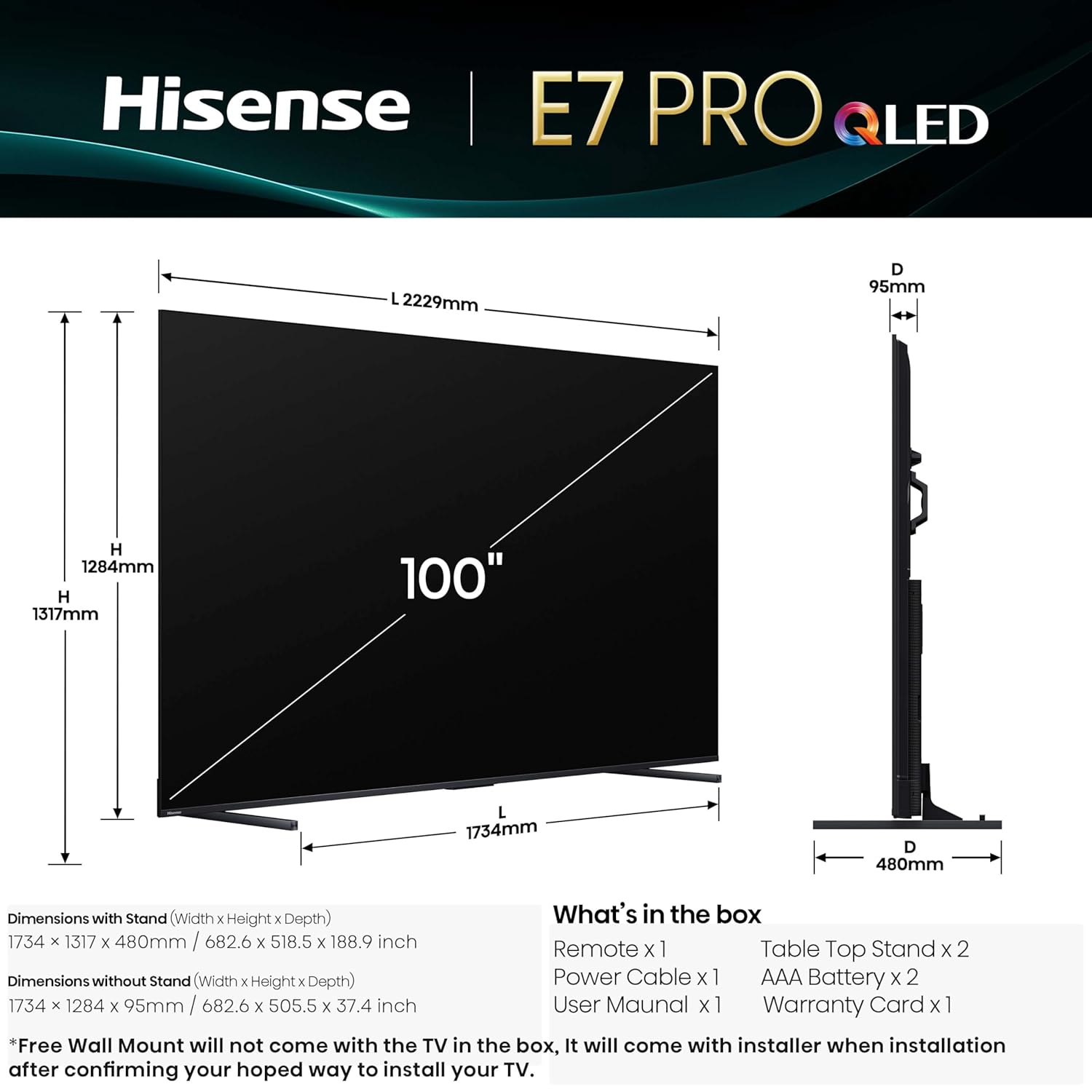 Hisense 254 cm (100 inches) E7Q PRO Series 4K Ultra HD Smart QLED TV 100E7Q PRO (Charcoal Grey)