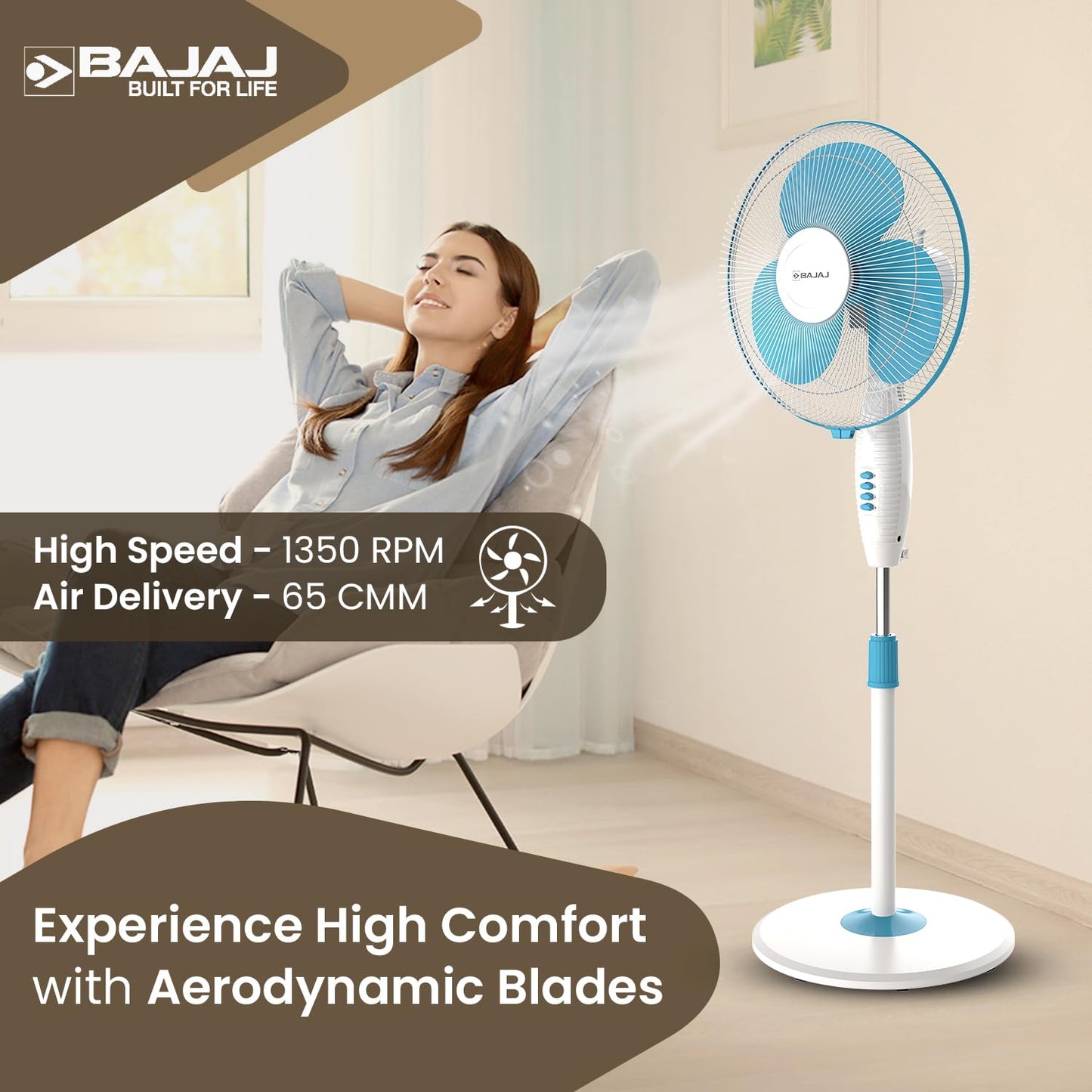Bajaj Frore Neo 400 MM Oscillating Pedestal Fan For Home | Aerodynamically Balanced Blades | 100% Copper Motor | High Air Delivery | 3-Speed Control | Rust Free | 2 Yrs Warranty 【Blue】