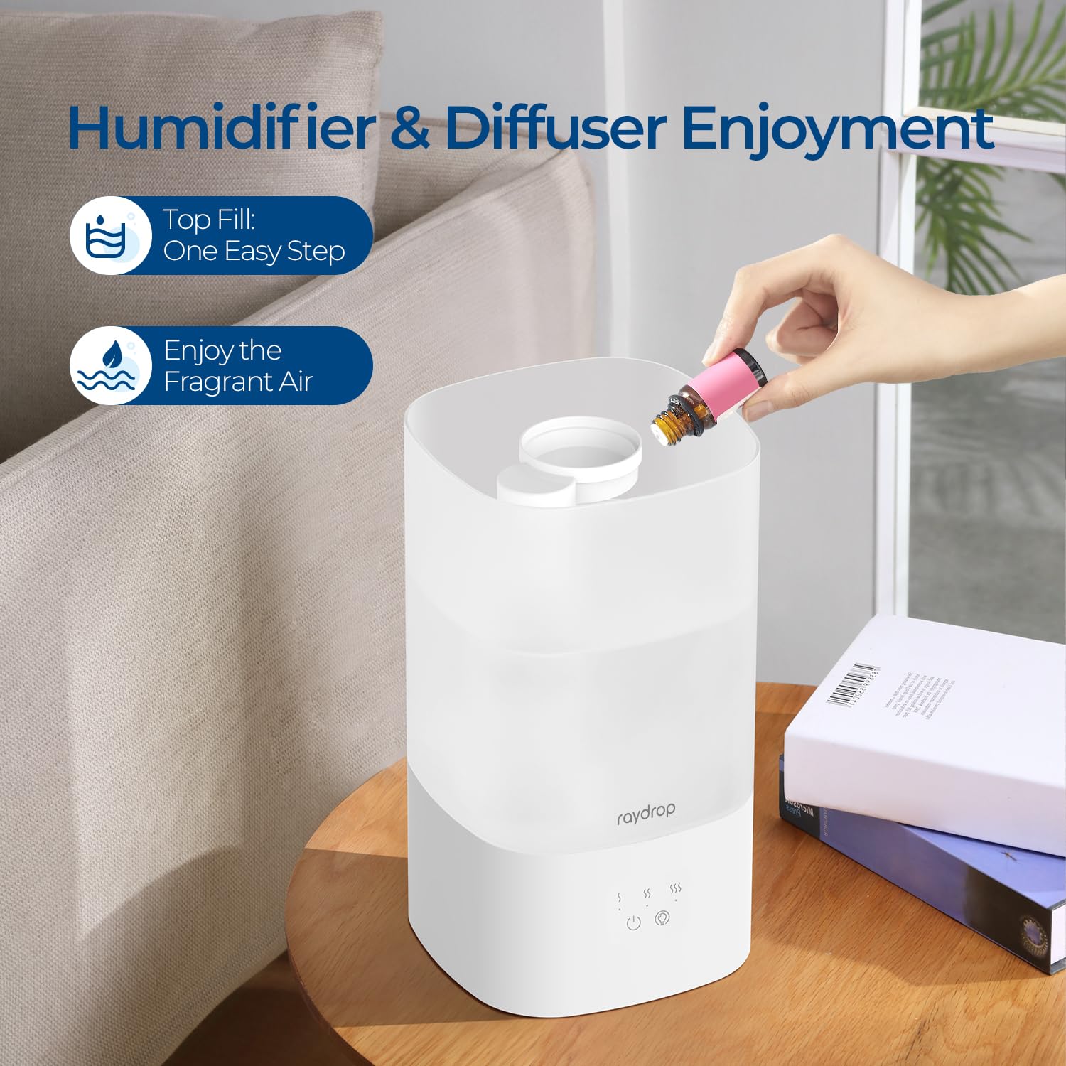 raydrop Humidifiers for Home, 2.5L Cool Mist Ultrasonic Humidifiers for Large Room & Bedroom, Top Fill Air Humidifier for Baby Nursery & Plants, Essential Oil Diffuser with Color Lights, Auto Shut-Off