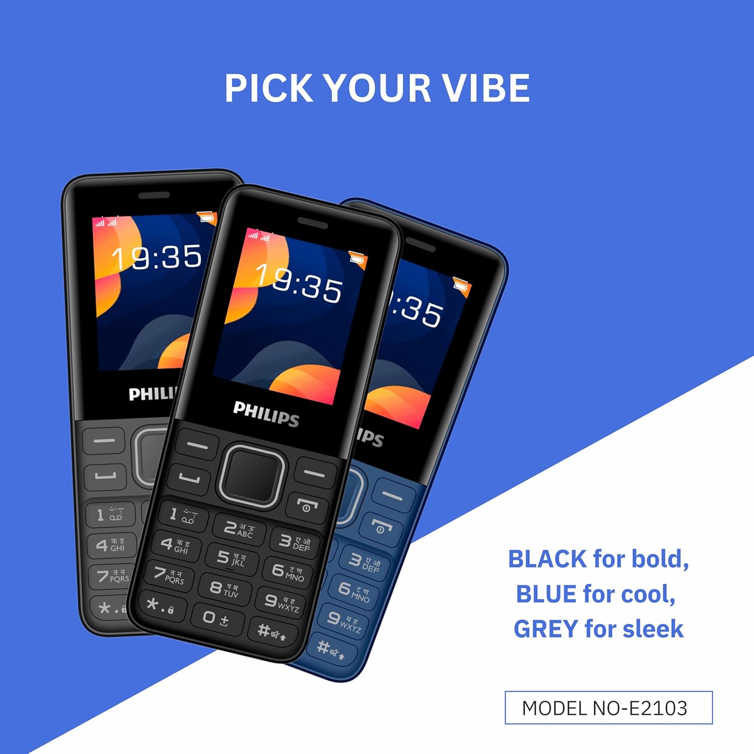 Philips All-New E2103 Sleek & Stylish |Keypad Mobile with 1.77" Screen|1000 MAH Battery | 2030mm Speaker| Wireless FM | Bright Torch|Blue